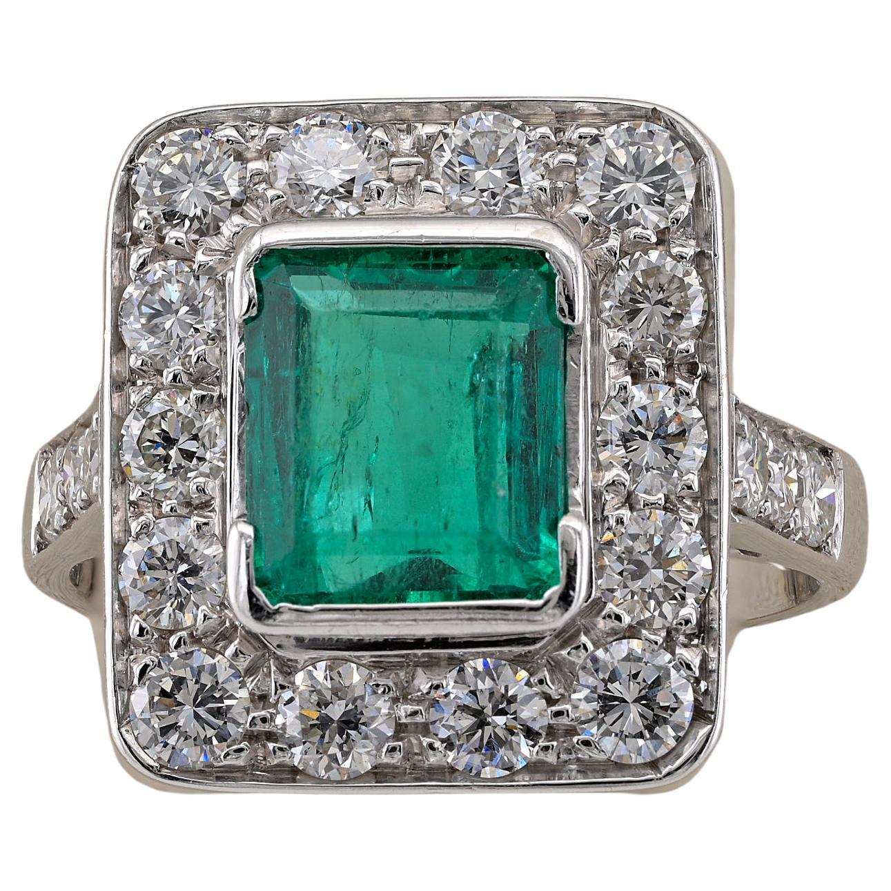 Art Deco 2.10 Ct Colombian Emerald 1.80 Ct Diamond 18 KT Ring For Sale