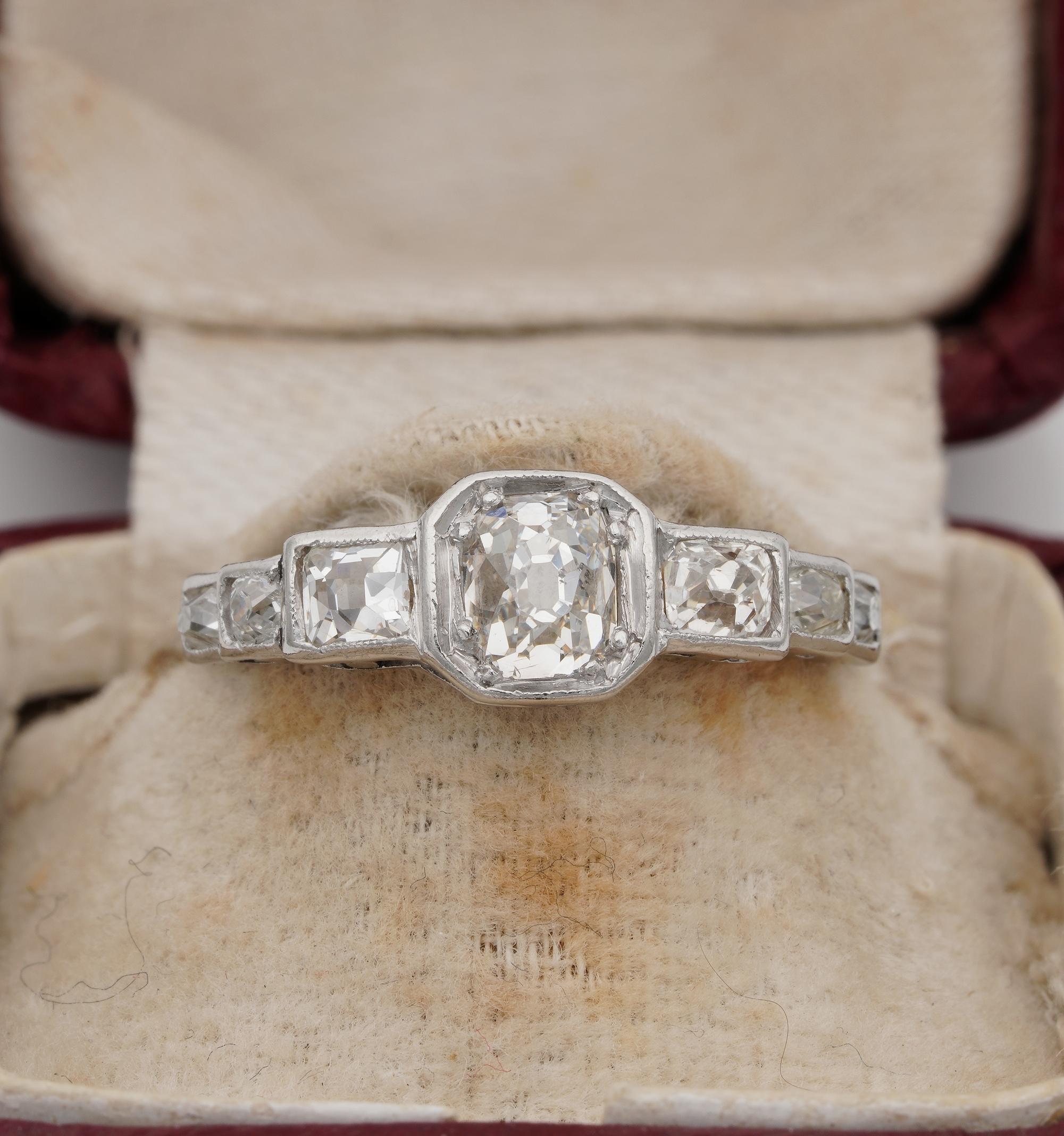 Art Deco Allure
Distinctive and quite unique early Art Deco period seven stone step design engagement or anniversary ring
Individually hand crafted as unique during 1920 ca
Made of solid Platinum, designed with a larger Diamond centrally set into a