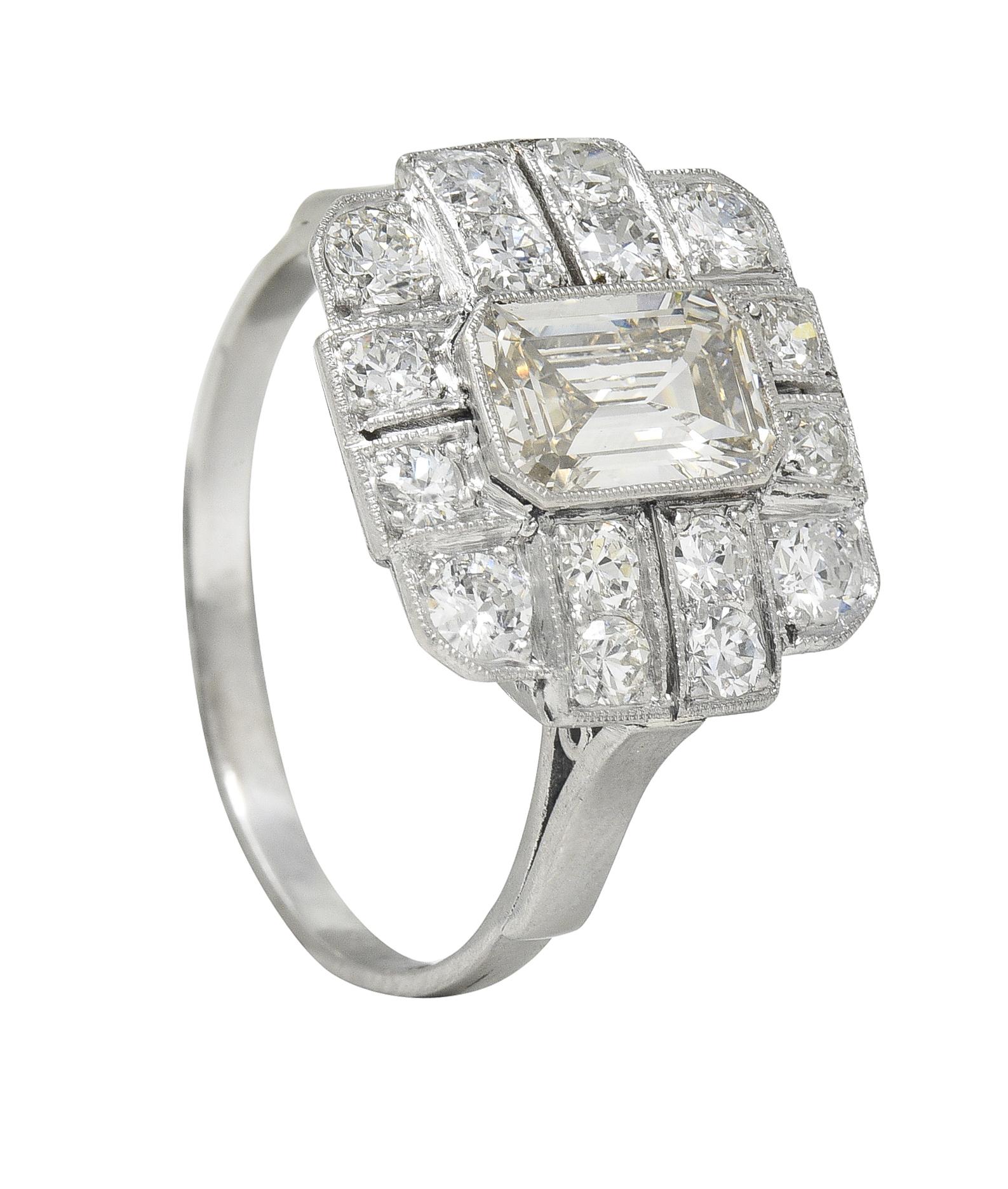 Art Deco 2.10 CTW Emerald Cut Diamond Platinum Vintage Cluster Ring For Sale 6