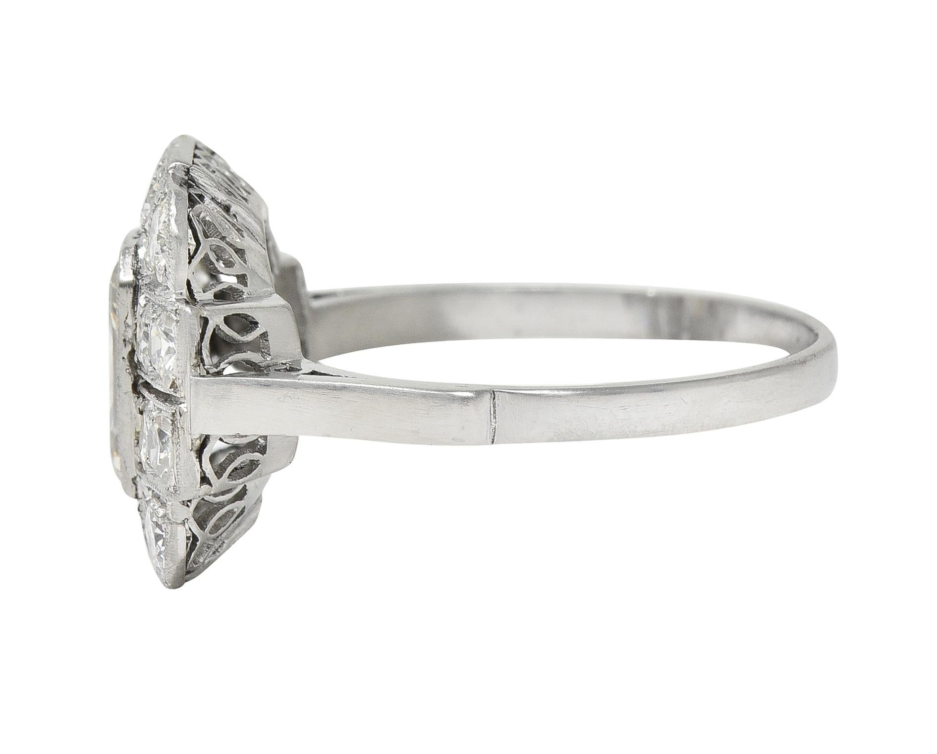Women's or Men's Art Deco 2.10 CTW Emerald Cut Diamond Platinum Vintage Cluster Ring For Sale