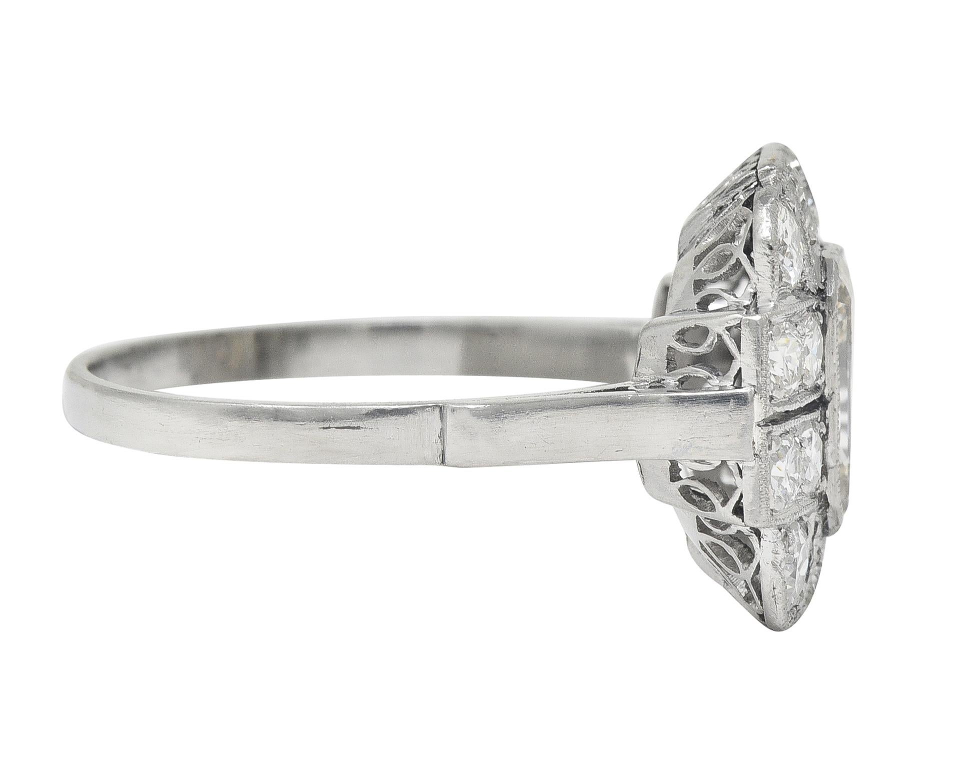 Art Deco 2.10 CTW Emerald Cut Diamond Platinum Vintage Cluster Ring For Sale 1