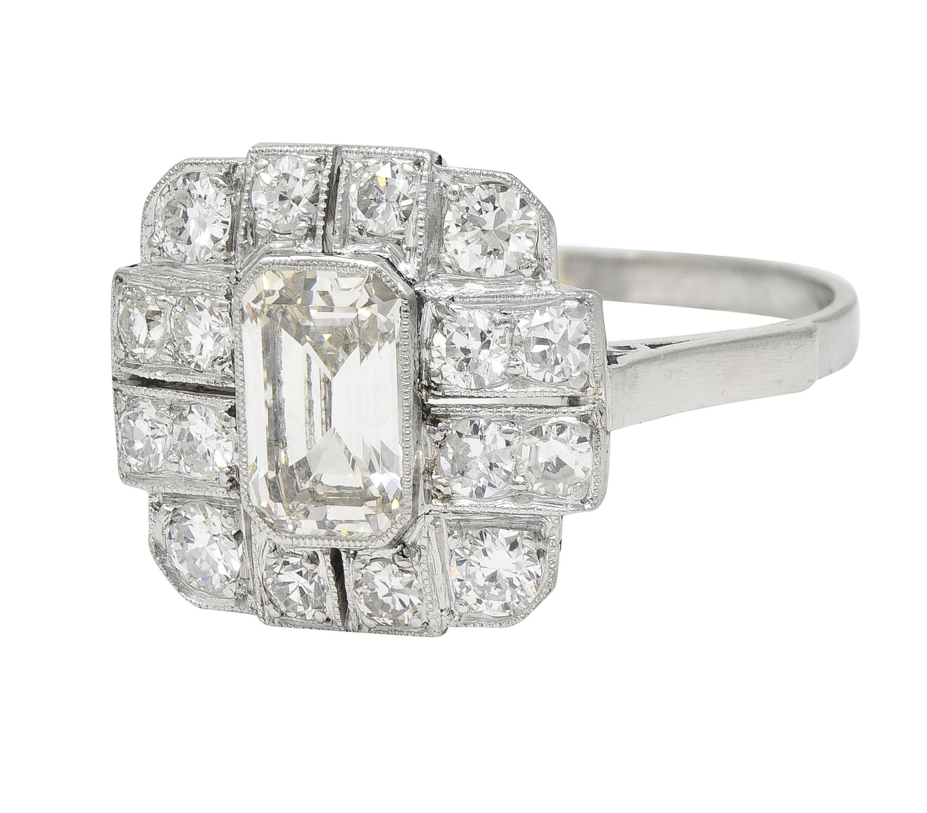 Art Deco 2.10 CTW Emerald Cut Diamond Platinum Vintage Cluster Ring For Sale 2