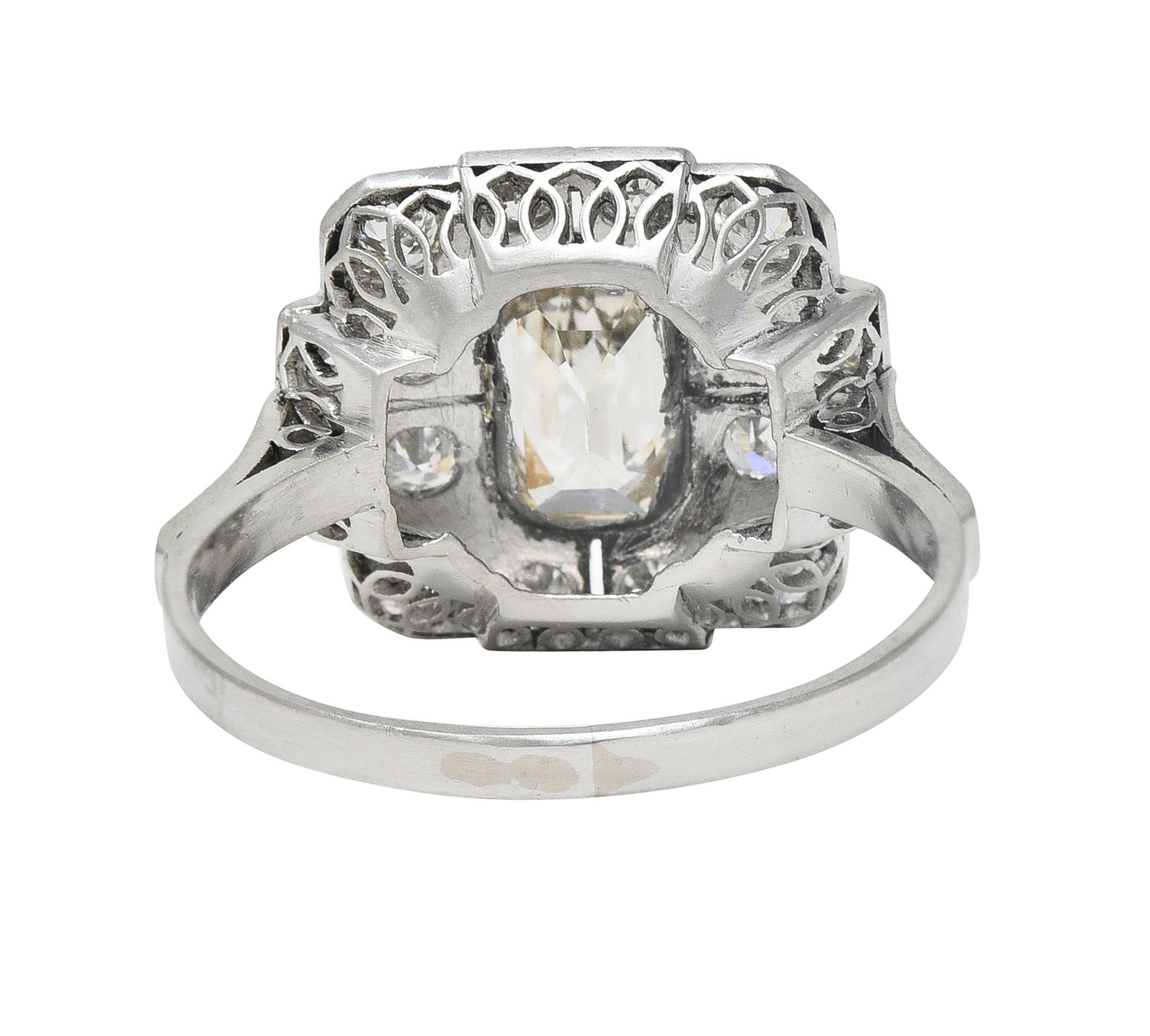 Art Deco 2.10 CTW Emerald Cut Diamond Platinum Vintage Cluster Ring For Sale 3
