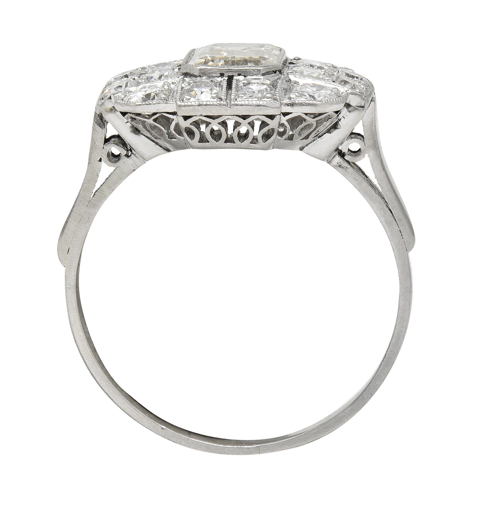 Art Deco 2.10 CTW Emerald Cut Diamond Platinum Vintage Cluster Ring For Sale 4