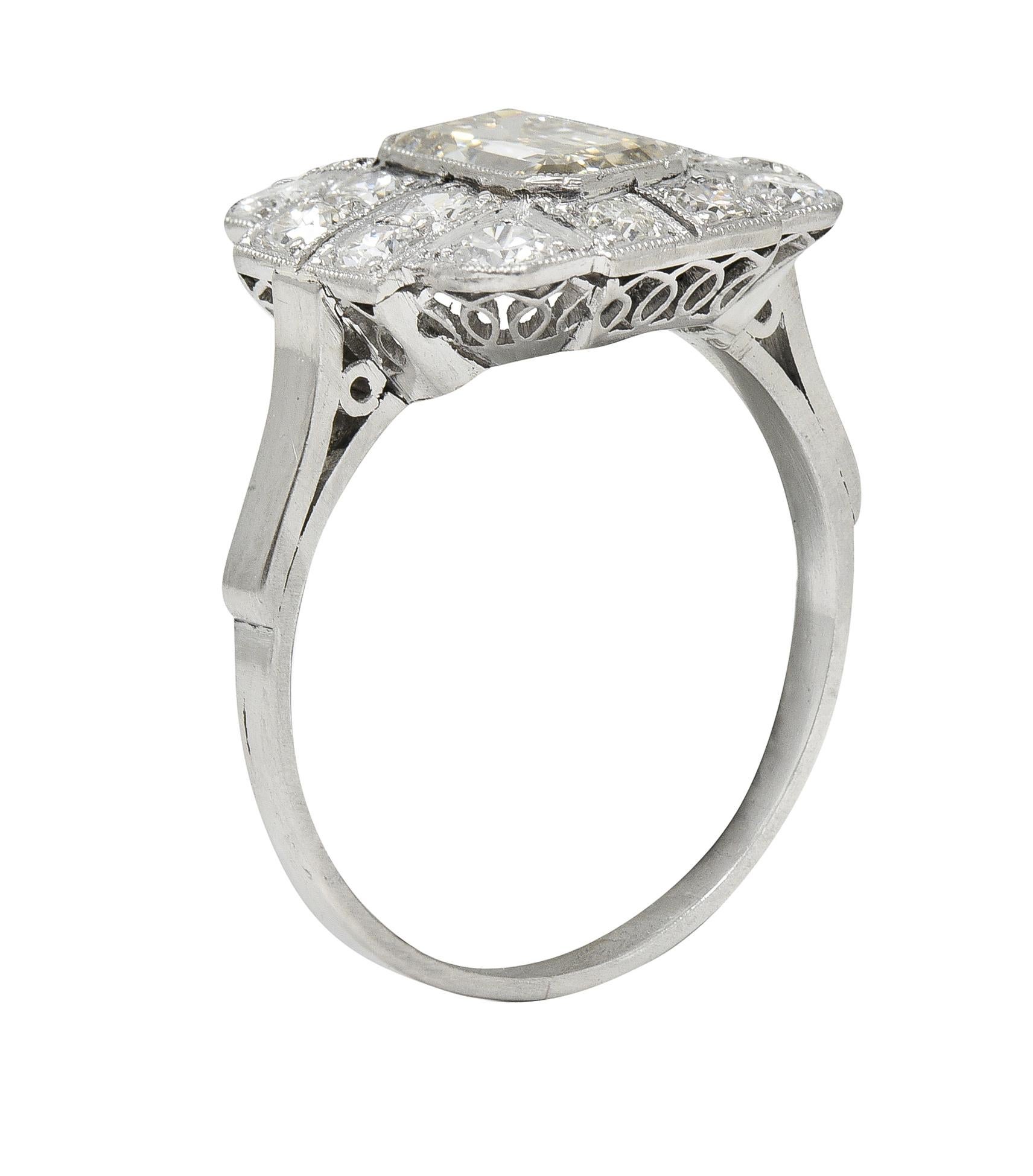 Art Deco 2.10 CTW Emerald Cut Diamond Platinum Vintage Cluster Ring For Sale 5