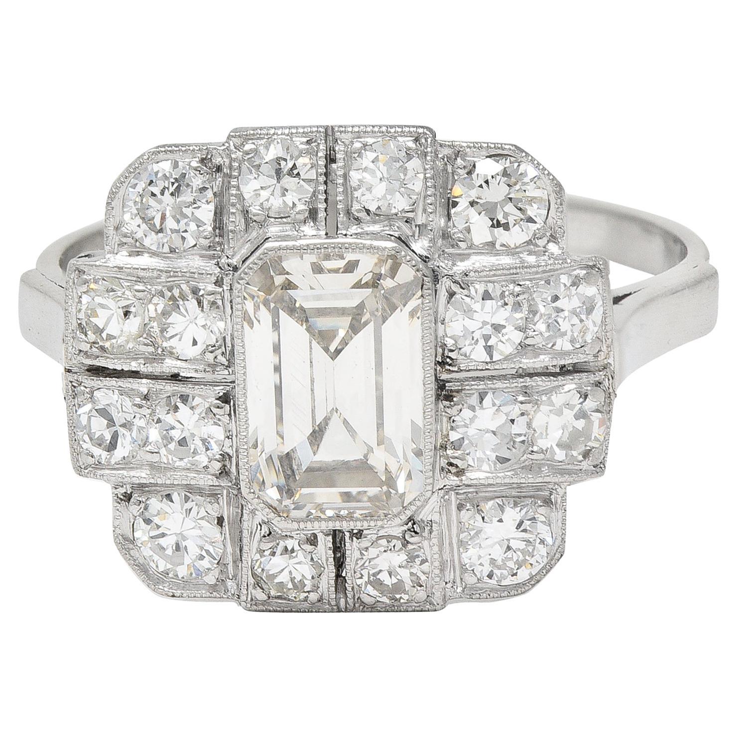 Art Deco 2.10 CTW Emerald Cut Diamond Platinum Vintage Cluster Ring For Sale