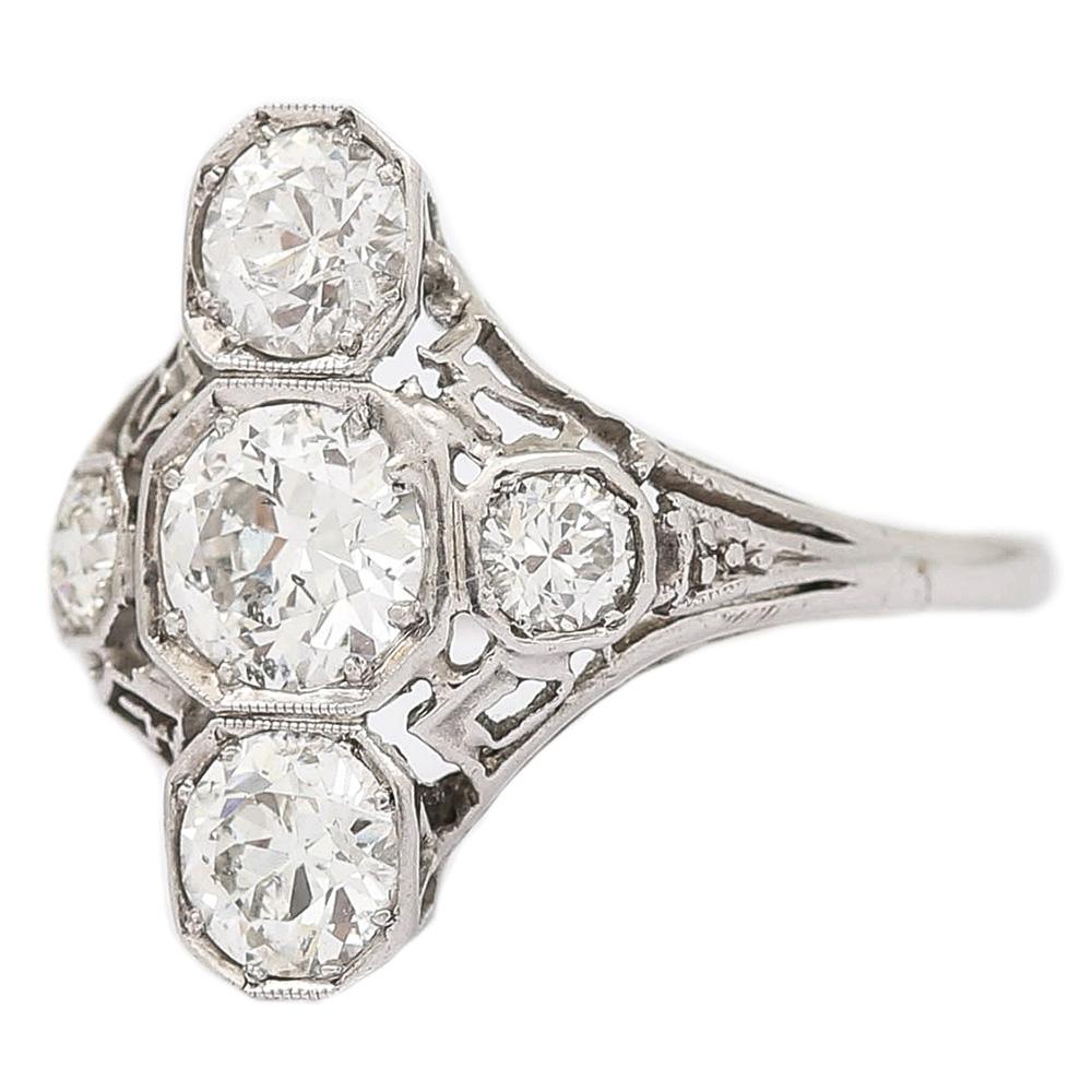 Old European Cut Art Deco 2.10 Carat OEC Diamond and Platinum Three-Stone Ring, circa 1925