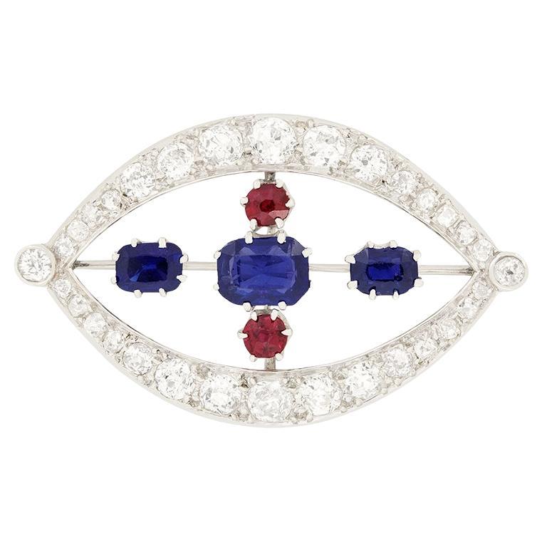 Art Deco 2.10ct Sapphire, Ruby and Diamond Brooch, c.1920s