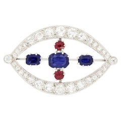 Antique Art Deco 2.10ct Sapphire, Ruby and Diamond Brooch, c.1920s