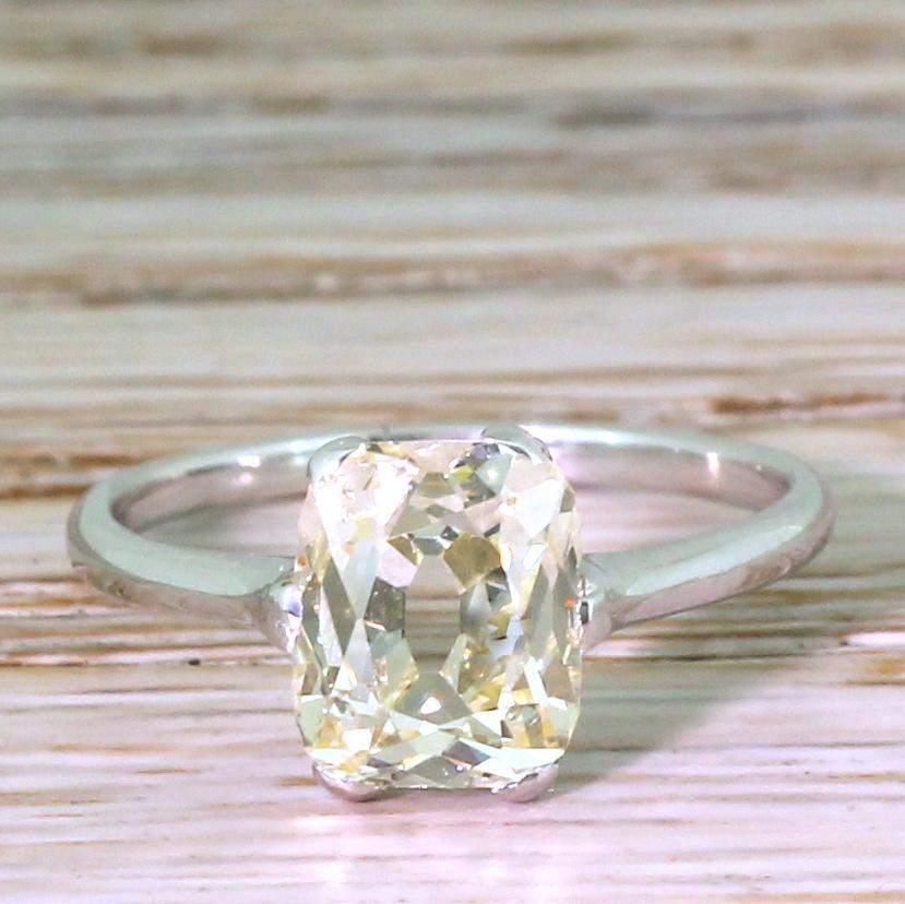 An absolutely superb old cut diamond ring. The long, cushion shaped old mine cut is internally clean and displays a soft, warm hue. The diamond is showcased in a simple, handmade mount that allows the stone to sit nice and snug to the finger. On a