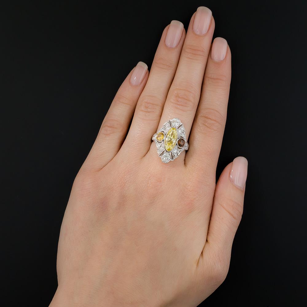 Oval Cut Art Deco 2.12 Carat Fancy Intense Yellow Moval Diamond Ring, GIA For Sale