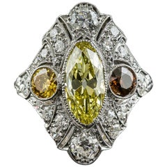 Art Deco 2.12 Carat Fancy Intense Yellow Moval Diamond Ring, GIA