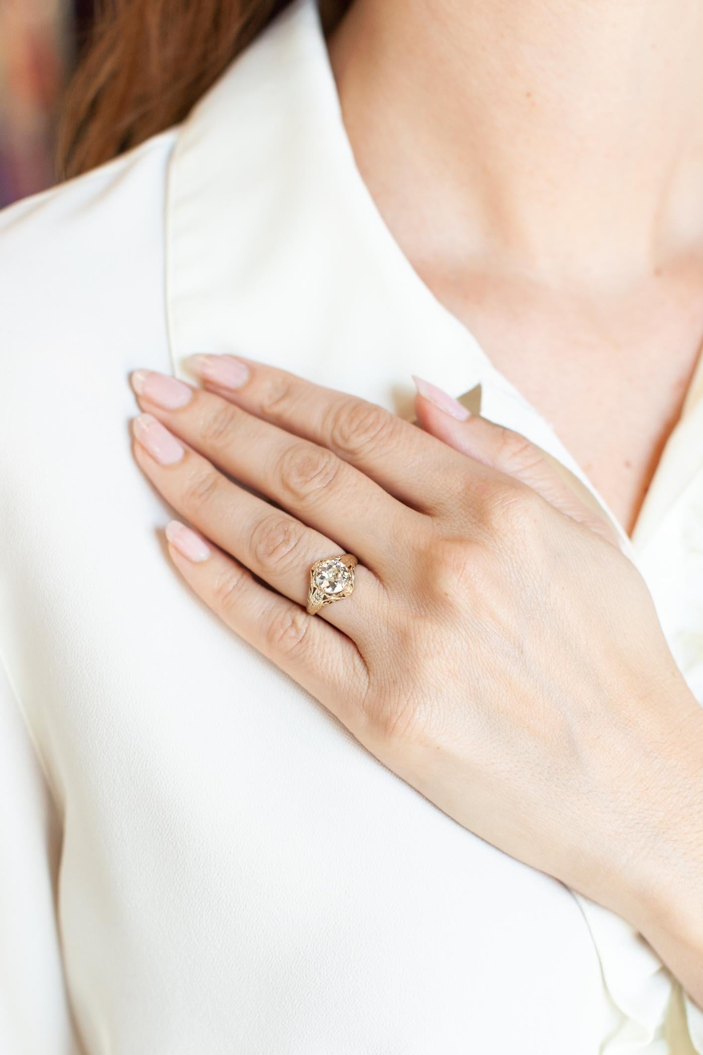 Art Deco Verlobungsring, 2,12 Karat GIA Diamant im alteuropäischen Schliff Solitär im Zustand „Hervorragend“ in Los Angeles, CA