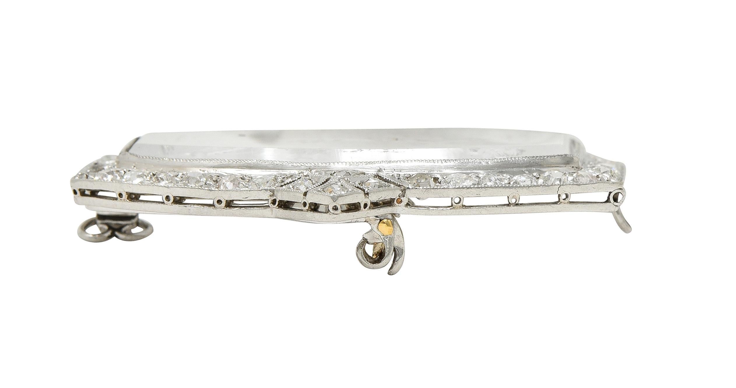 Art Deco 2.12 CTW Diamond Carved Rock Crystal Platinum Artemis Brooch For Sale 5