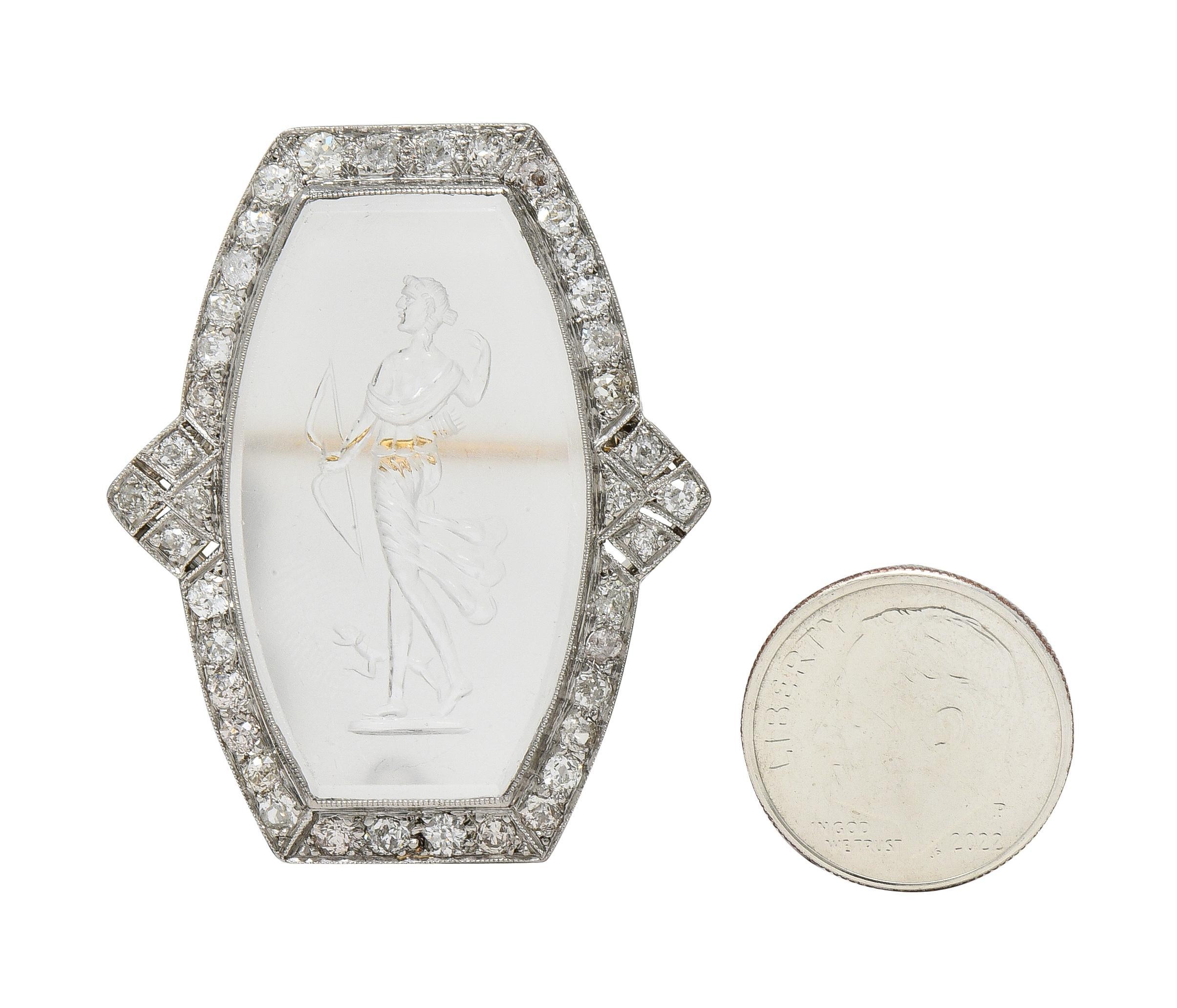 Art Deco 2,12 Karat Diamant geschnitzter Bergkristall Platin Artemis Brosche im Angebot 6