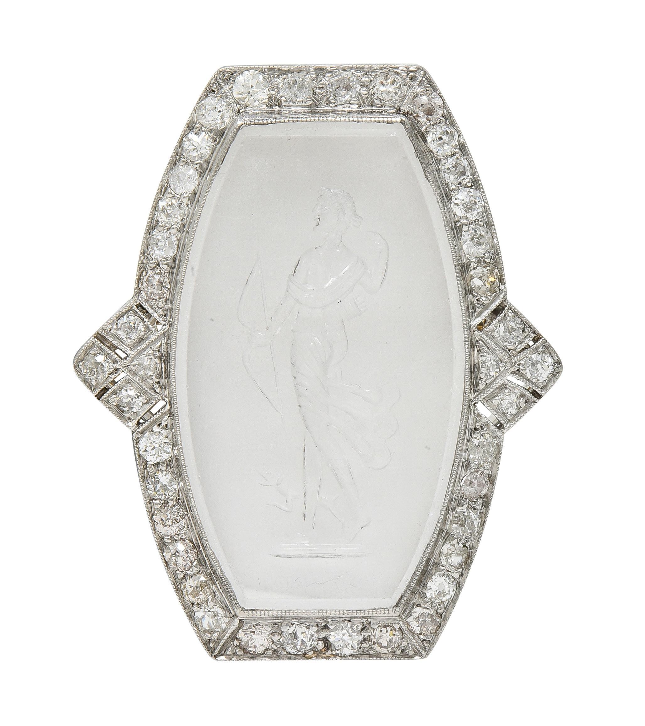 Old European Cut Art Deco 2.12 CTW Diamond Carved Rock Crystal Platinum Artemis Brooch For Sale