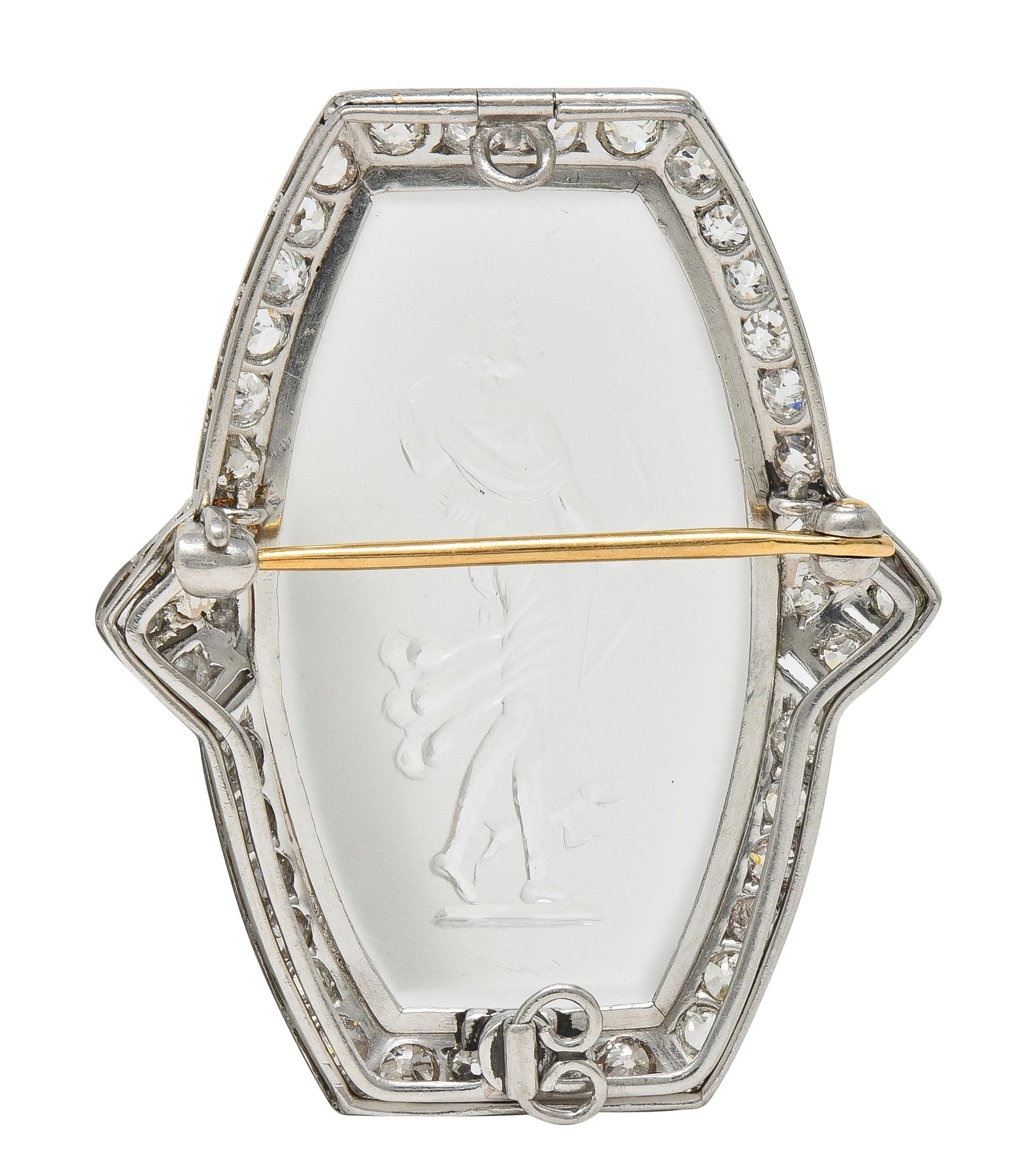 Art Deco 2.12 CTW Diamond Carved Rock Crystal Platinum Artemis Brooch In Excellent Condition For Sale In Philadelphia, PA