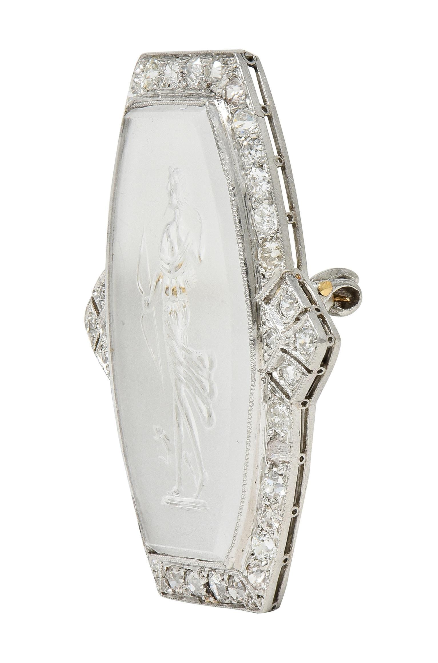 Art Deco 2.12 CTW Diamond Carved Rock Crystal Platinum Artemis Brooch For Sale 1