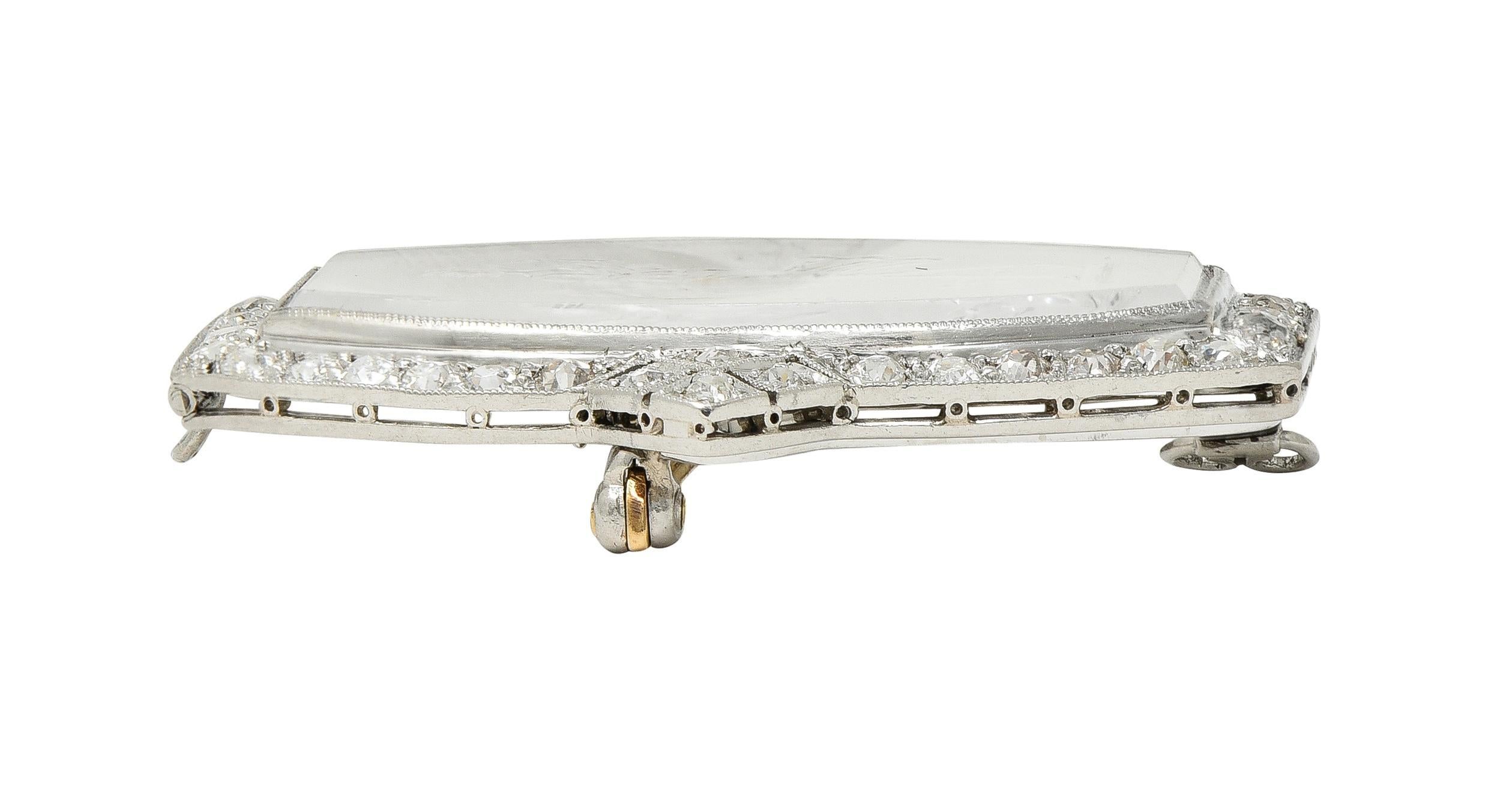 Art Deco 2.12 CTW Diamond Carved Rock Crystal Platinum Artemis Brooch For Sale 3