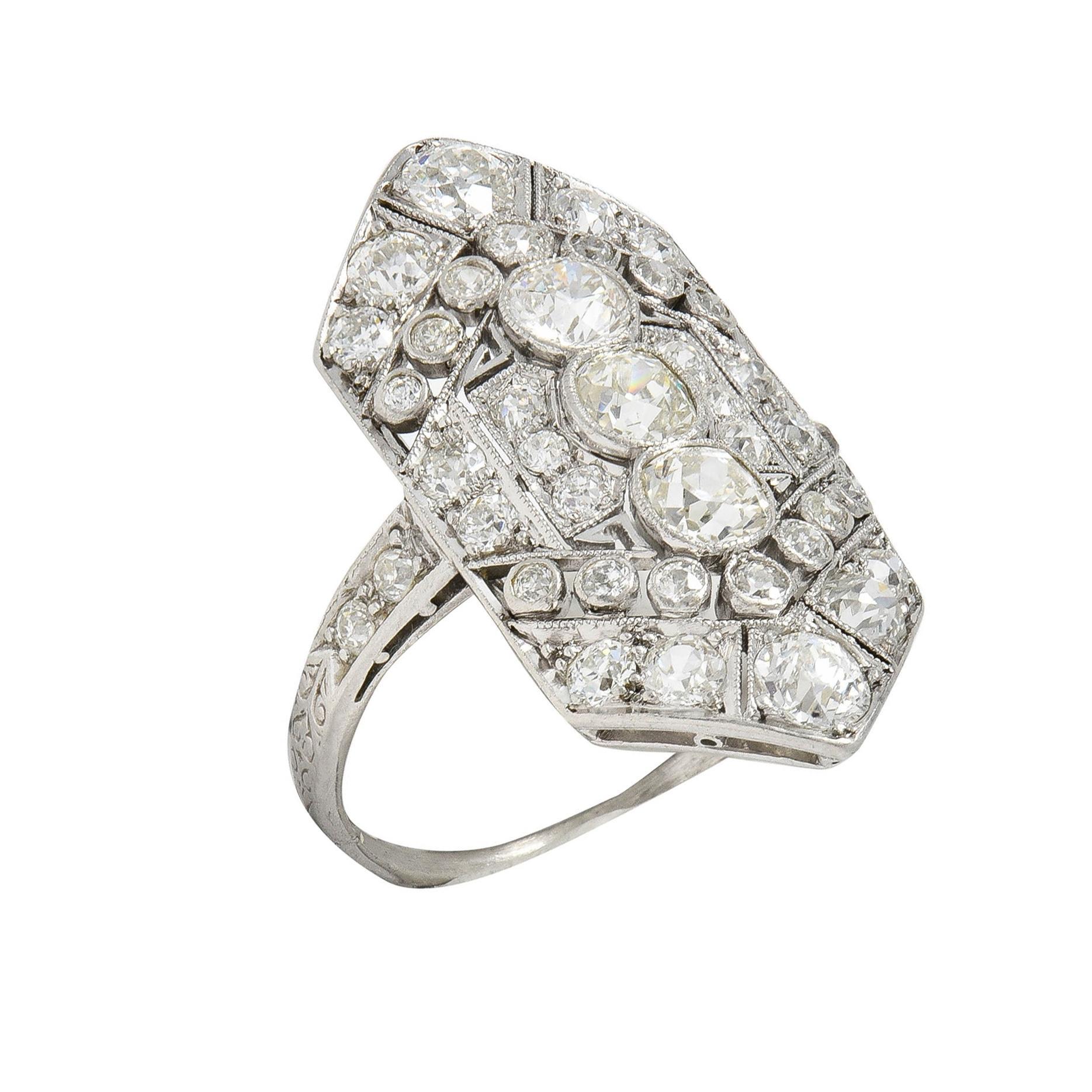 Art Deco 2.12 CTW Diamond Platinum Greek Key Navette Vintage Dinner Ring For Sale 5