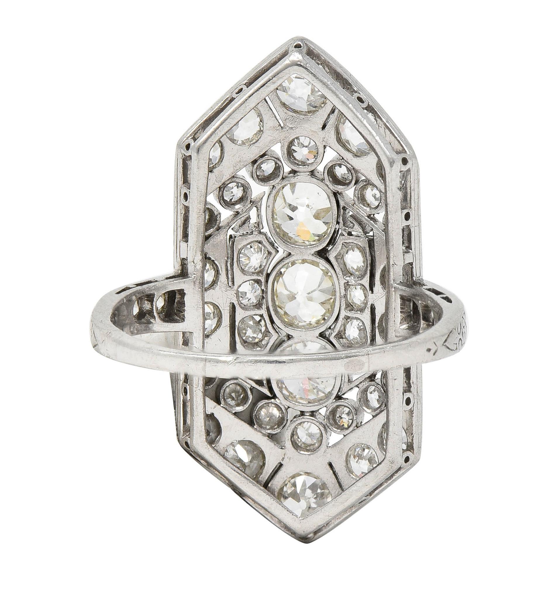 Women's or Men's Art Deco 2.12 CTW Diamond Platinum Greek Key Navette Vintage Dinner Ring For Sale
