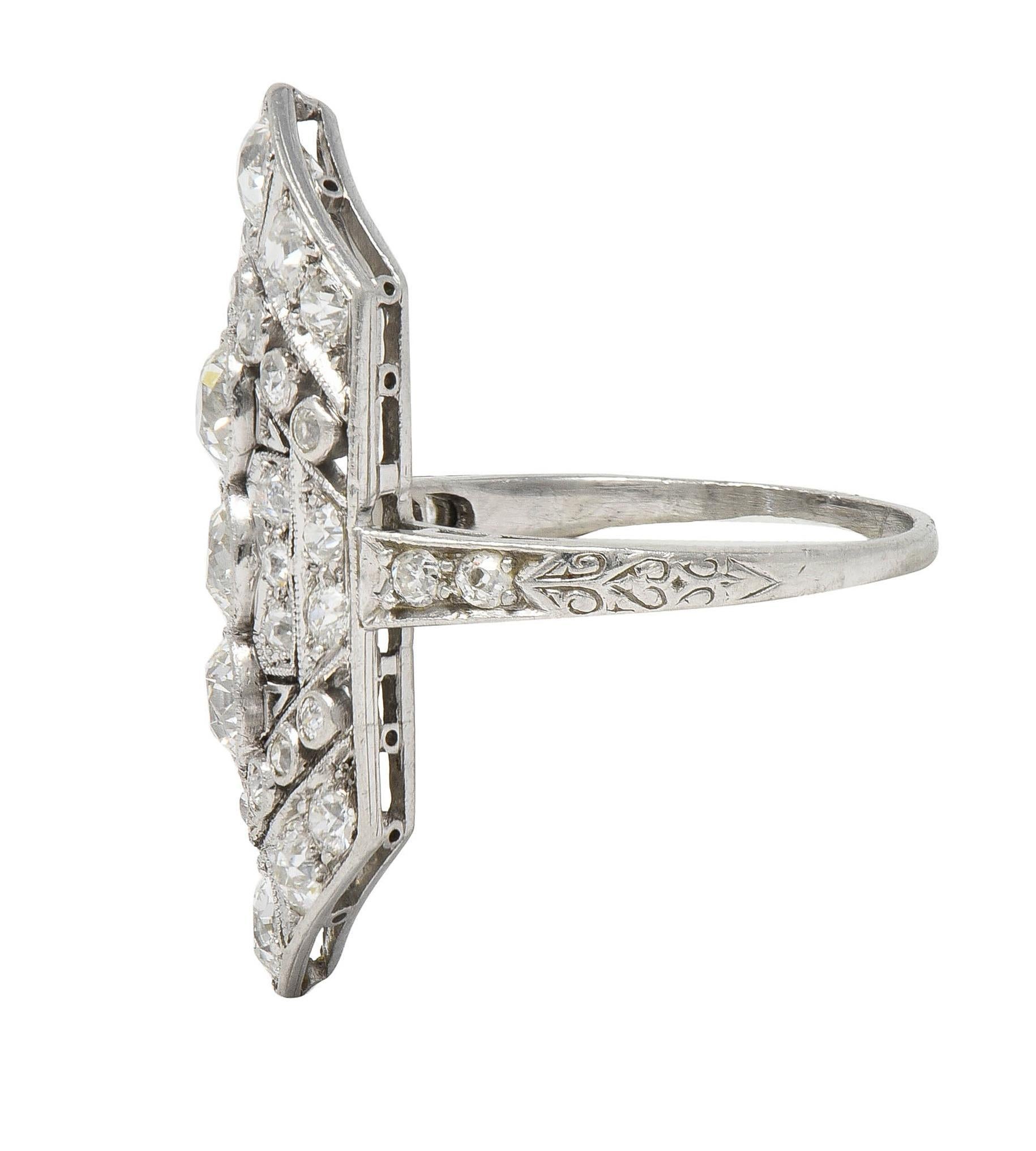 Art Deco 2.12 CTW Diamond Platinum Greek Key Navette Vintage Dinner Ring For Sale 1