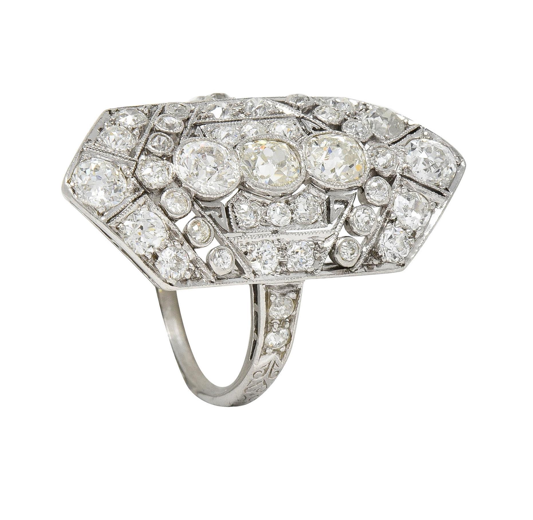 Art Deco 2.12 CTW Diamond Platinum Greek Key Navette Vintage Dinner Ring For Sale 3
