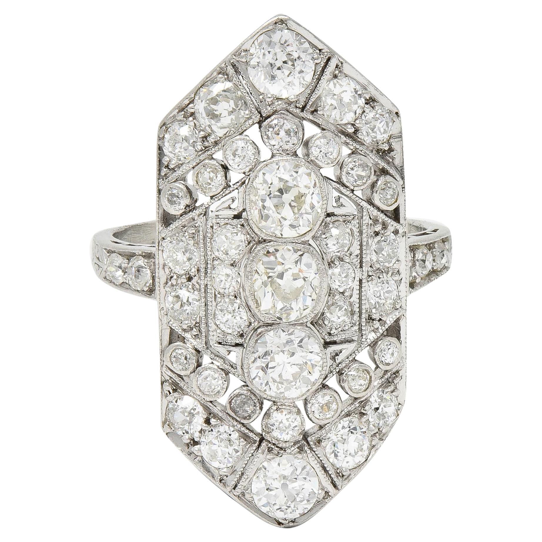 Art Deco 2.12 CTW Diamond Platinum Greek Key Navette Vintage Dinner Ring For Sale