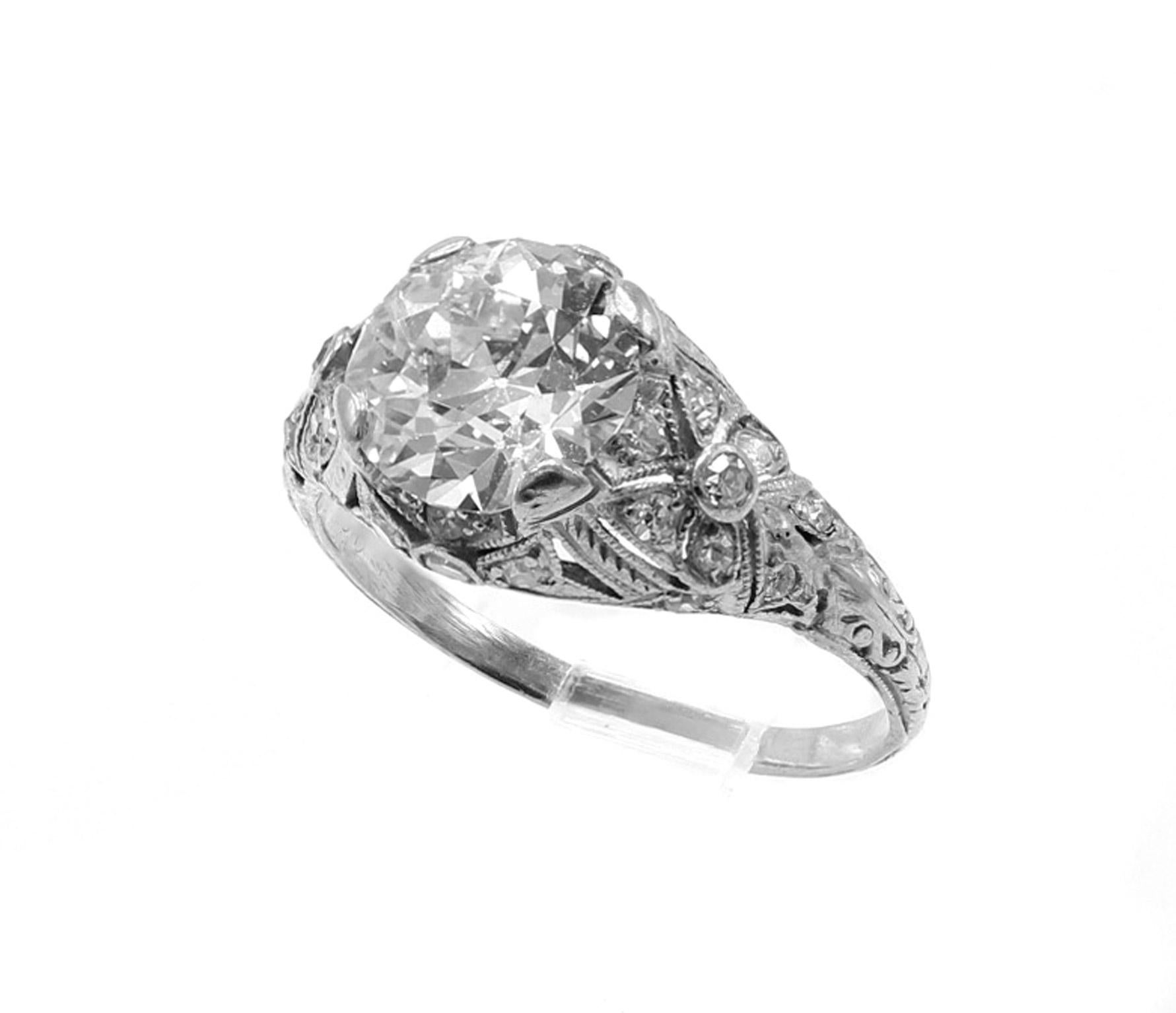 Art Deco 2.13 Carat Old European Cut Platinum Diamond Engagement Ring In Good Condition For Sale In New York, NY