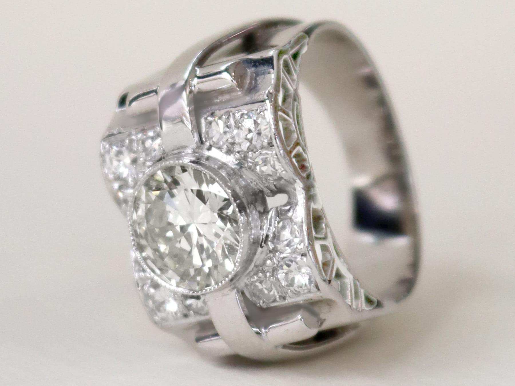 Old European Cut Art Deco 2.14 Carat Diamond and 18k White Gold Dress Ring For Sale