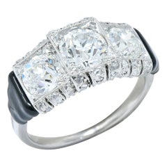 Art Deco 2.15 Carat Diamond Enamel Platinum Three Stone Band Ring