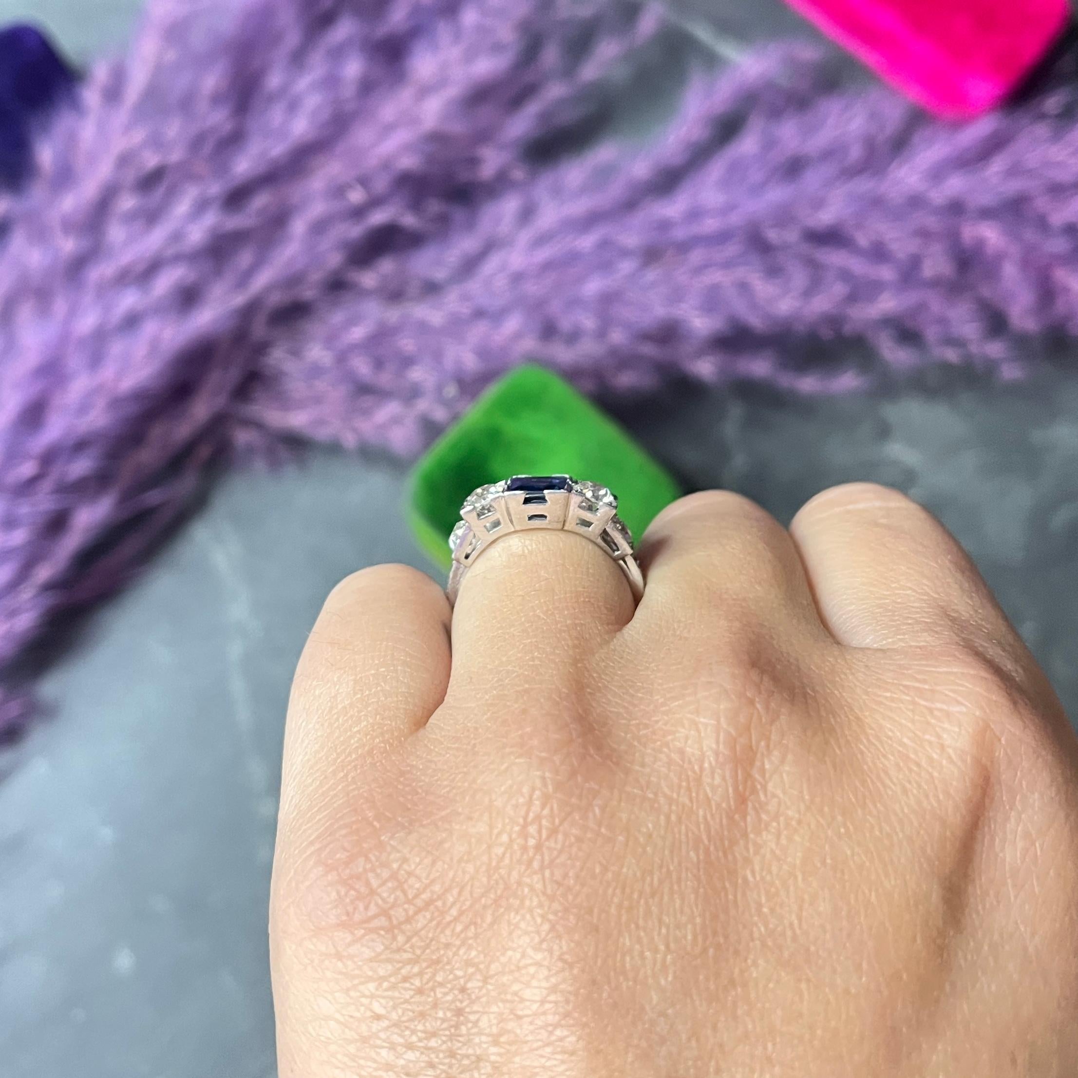 Art Deco 2.15 Carats Sapphire Diamond Platinum Five Stone Engagement Ring 5