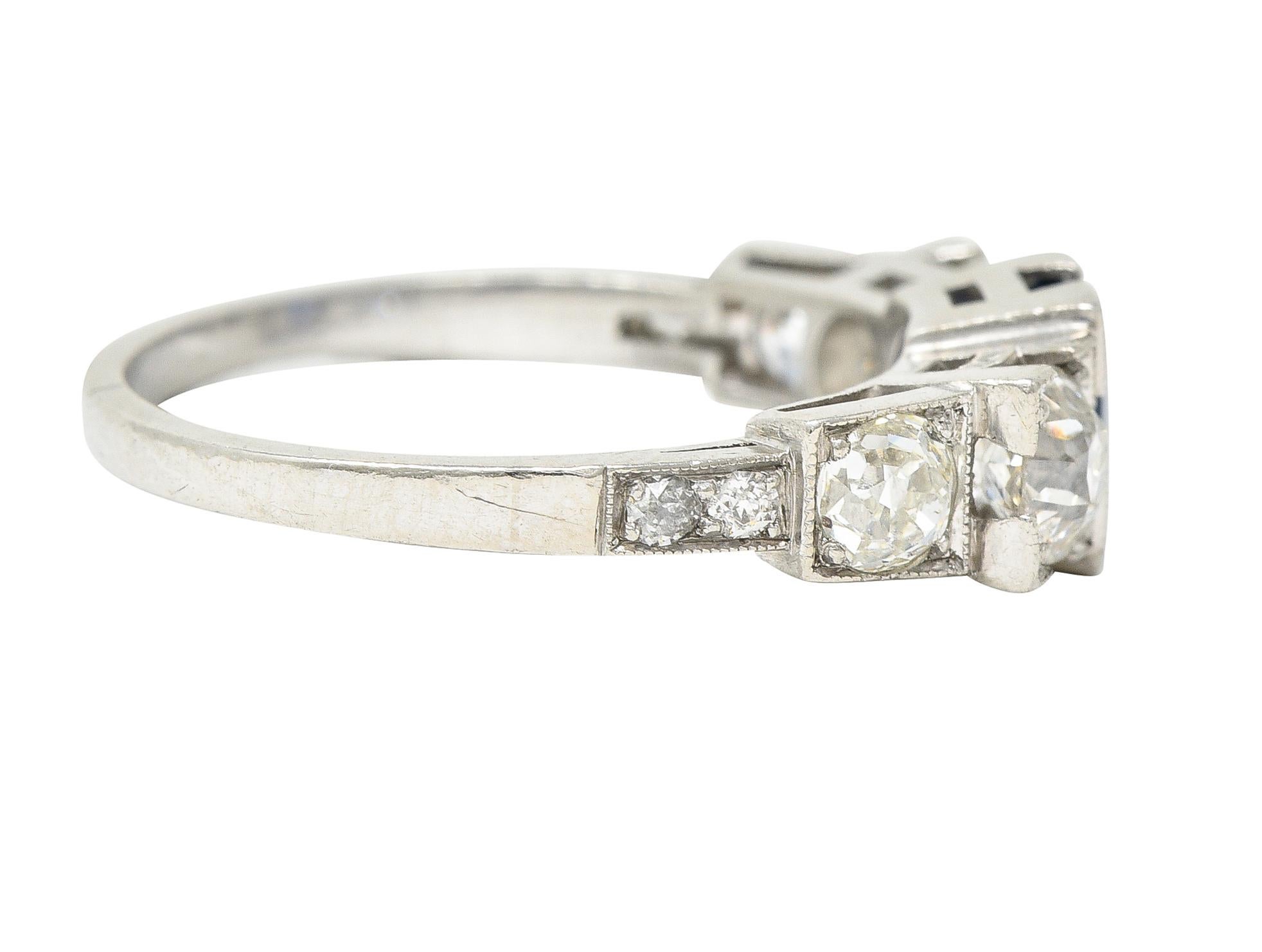 Old European Cut Art Deco 2.15 Carats Sapphire Diamond Platinum Five Stone Engagement Ring