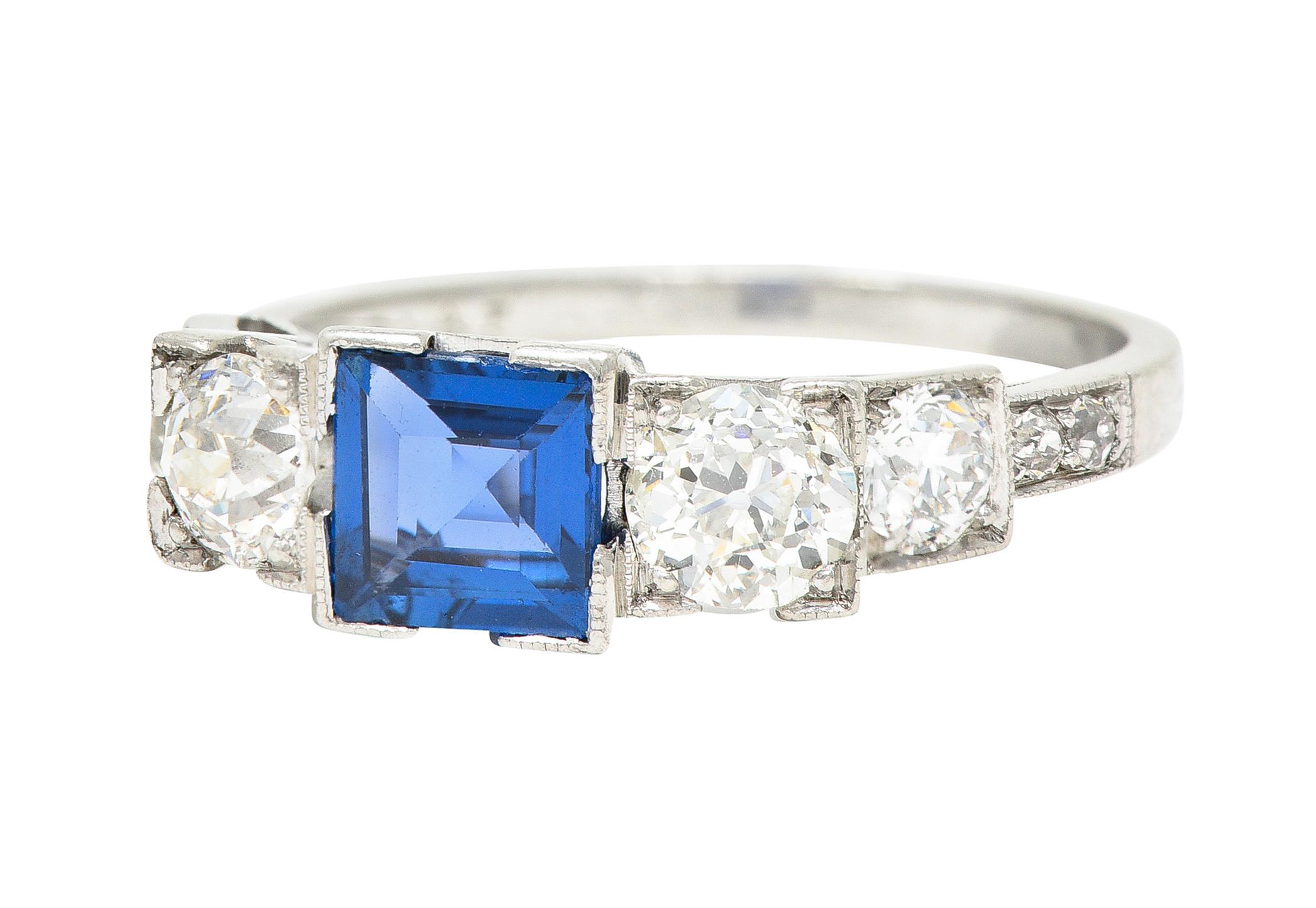 Art Deco 2.15 Carats Sapphire Diamond Platinum Five Stone Engagement Ring 1