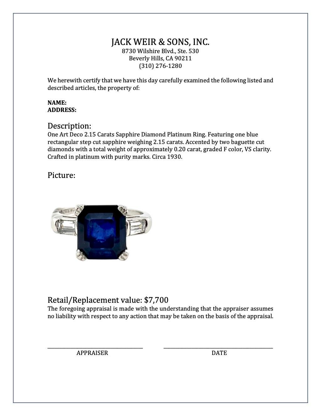 Art Deco 2.15 Carats Sapphire Diamond Platinum Ring 2