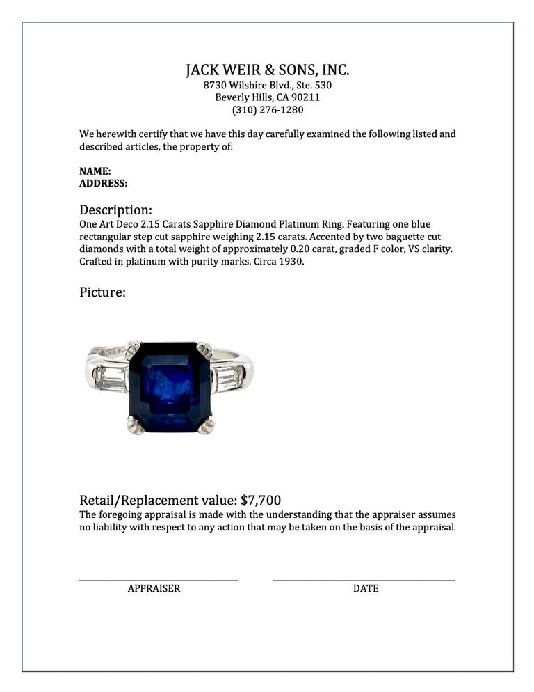 Art Deco 2.15 Carats Sapphire Diamond Platinum Ring For Sale 2