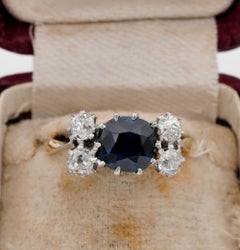 Art Deco 2.15 Ct No Heat Blue Sapphire and Old Mine Cut Diamond Five-Stone Ring