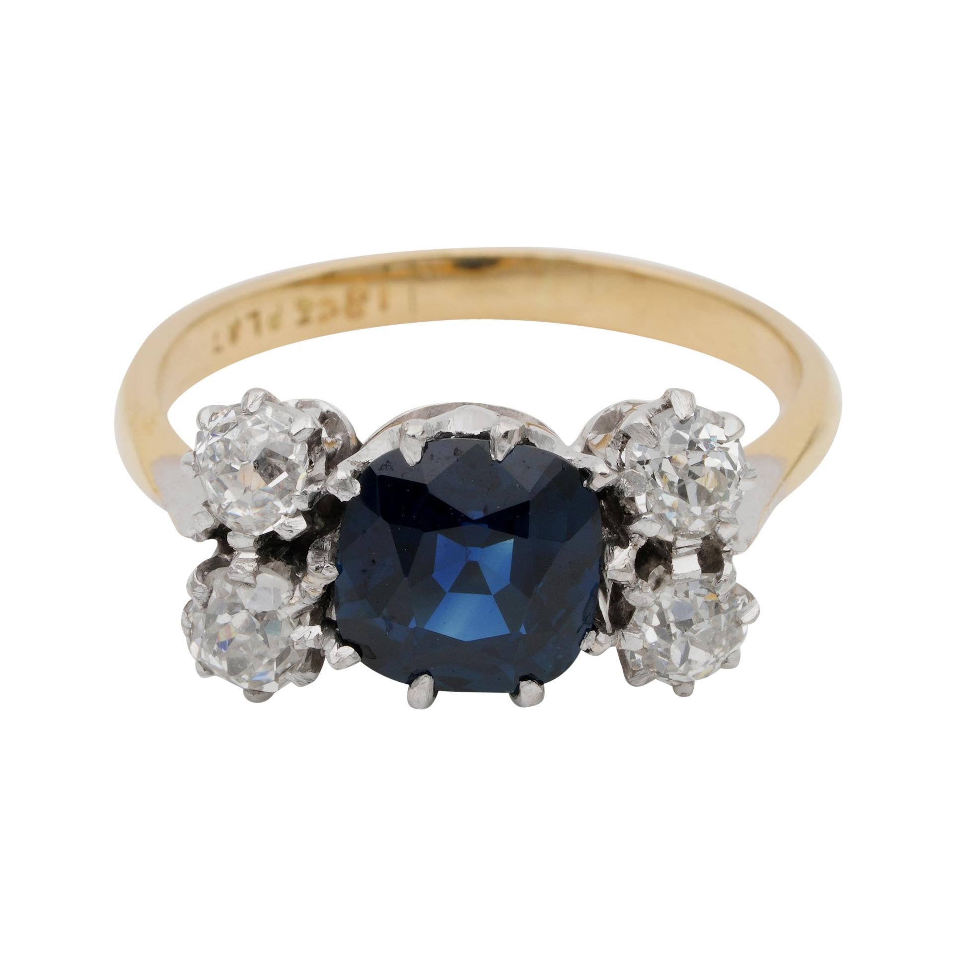 Art Deco 2.15 Ct No Heat Blue Sapphire and Old Mine Cut Diamond Five-Stone Ring For Sale