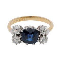 Art Deco 2.15 Ct No Heat Blue Sapphire and Old Mine Cut Diamond Five-Stone Ring