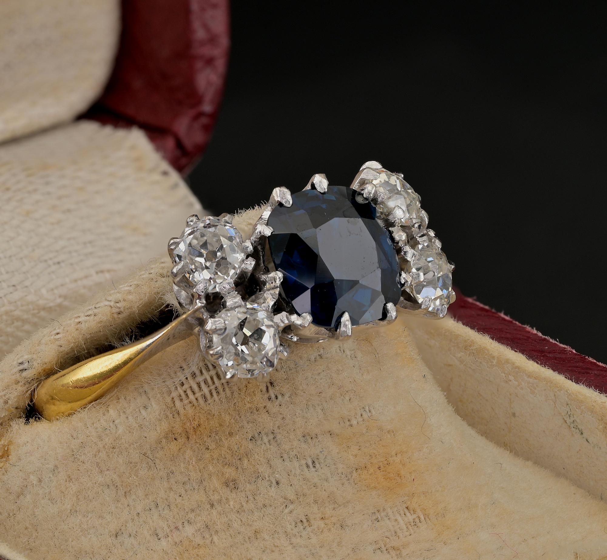 Art Deco 2.15 Ct Sapphire 1.0 Ct Diamond 18 KT Platinum Ring In Good Condition For Sale In Napoli, IT