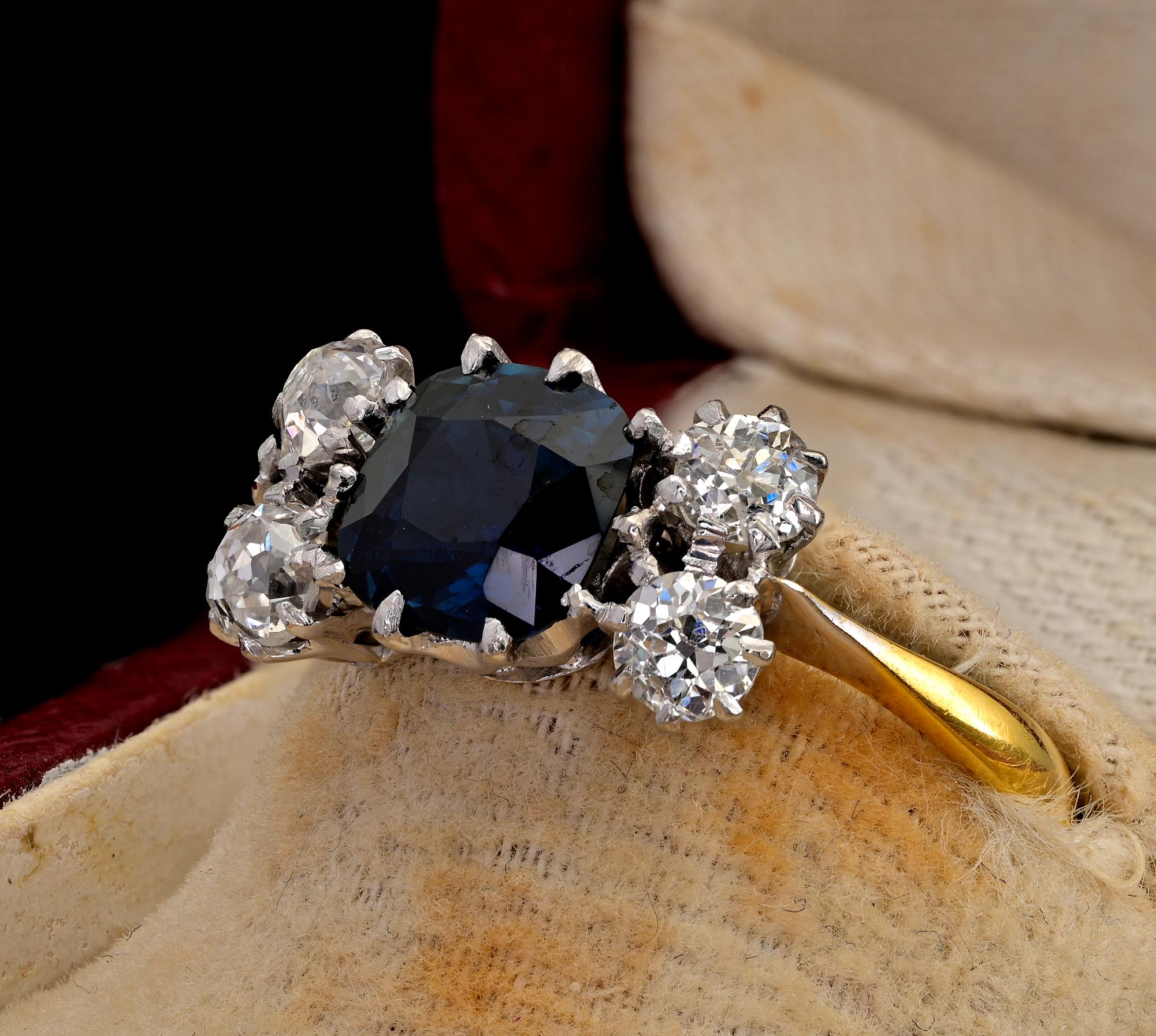 Art Deco 2.15 Ct Sapphire 1.0 Ct Diamond 18 KT Platinum Ring For Sale 1