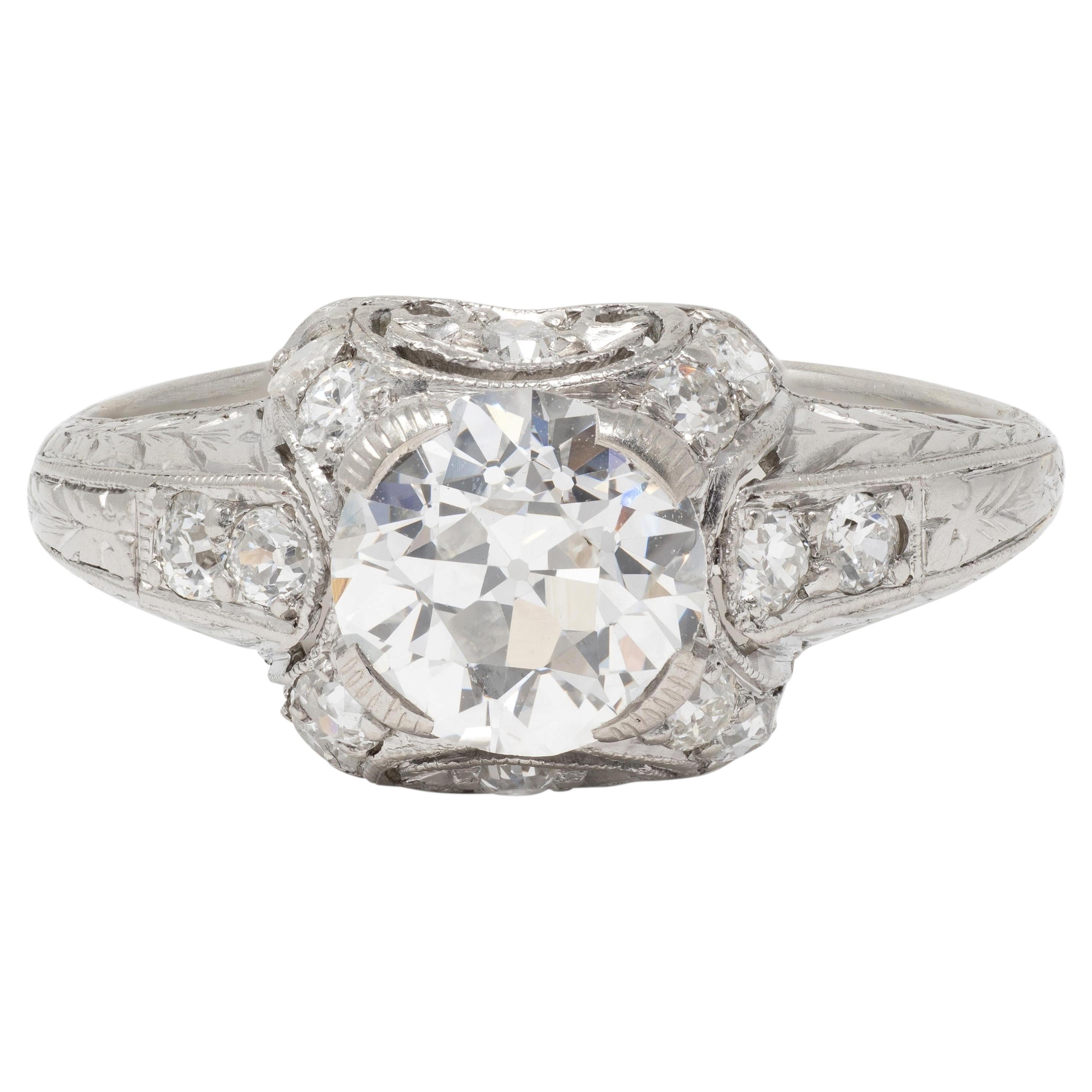 Art Deco 2.15 CTW European Diamond Platinum Vintage Ornate Wheat Engagement Ring For Sale
