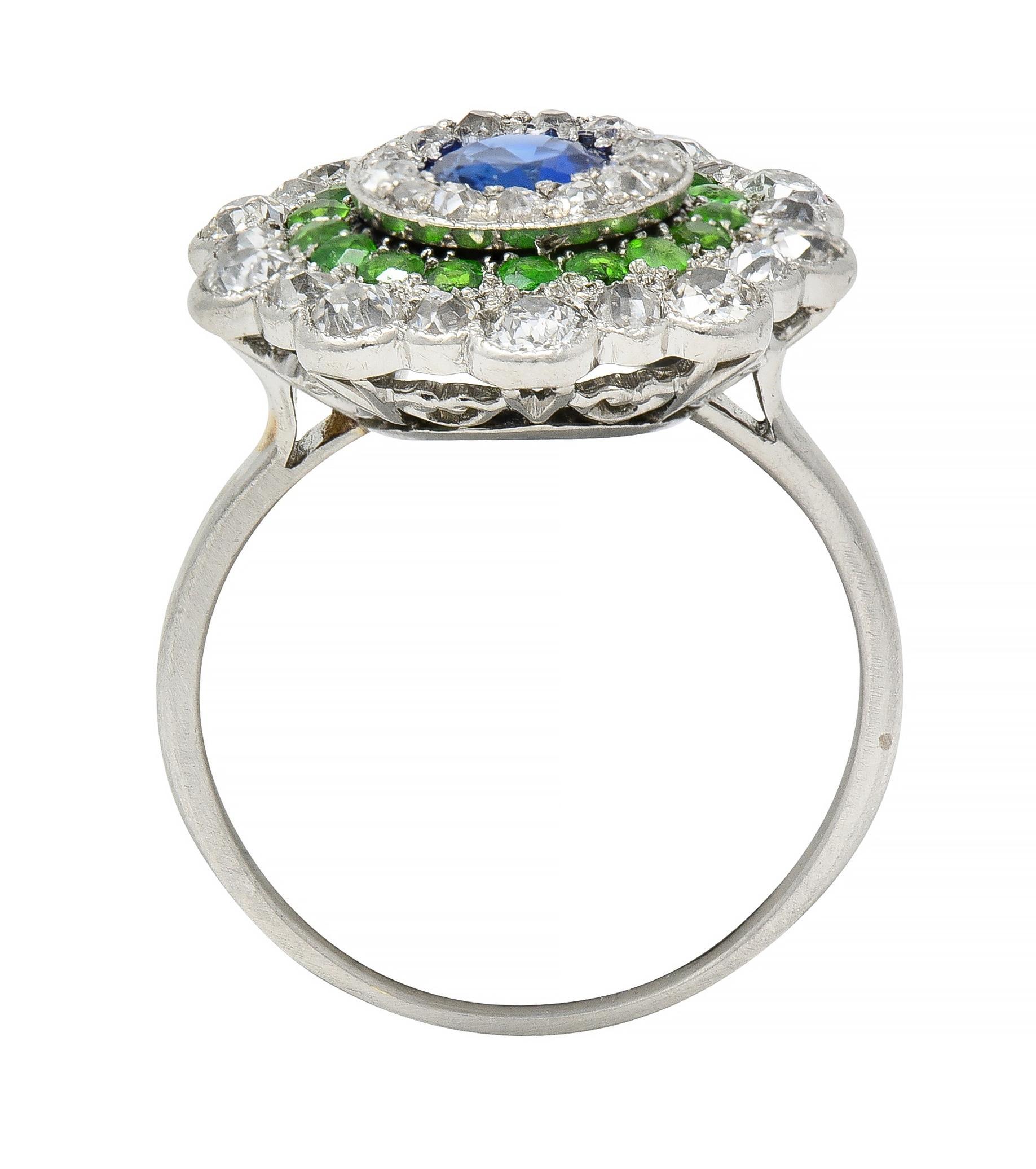Art Deco 2.15 CTW Sapphire Demantoid Garnet Diamond Platinum Triple Halo Ring 5