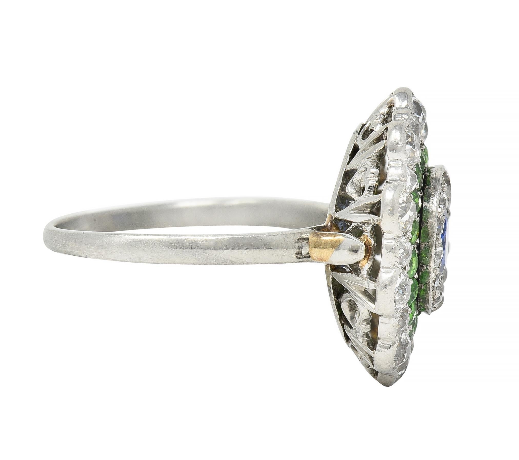 Art Deco 2.15 CTW Sapphire Demantoid Garnet Diamond Platinum Triple Halo Ring In Excellent Condition In Philadelphia, PA