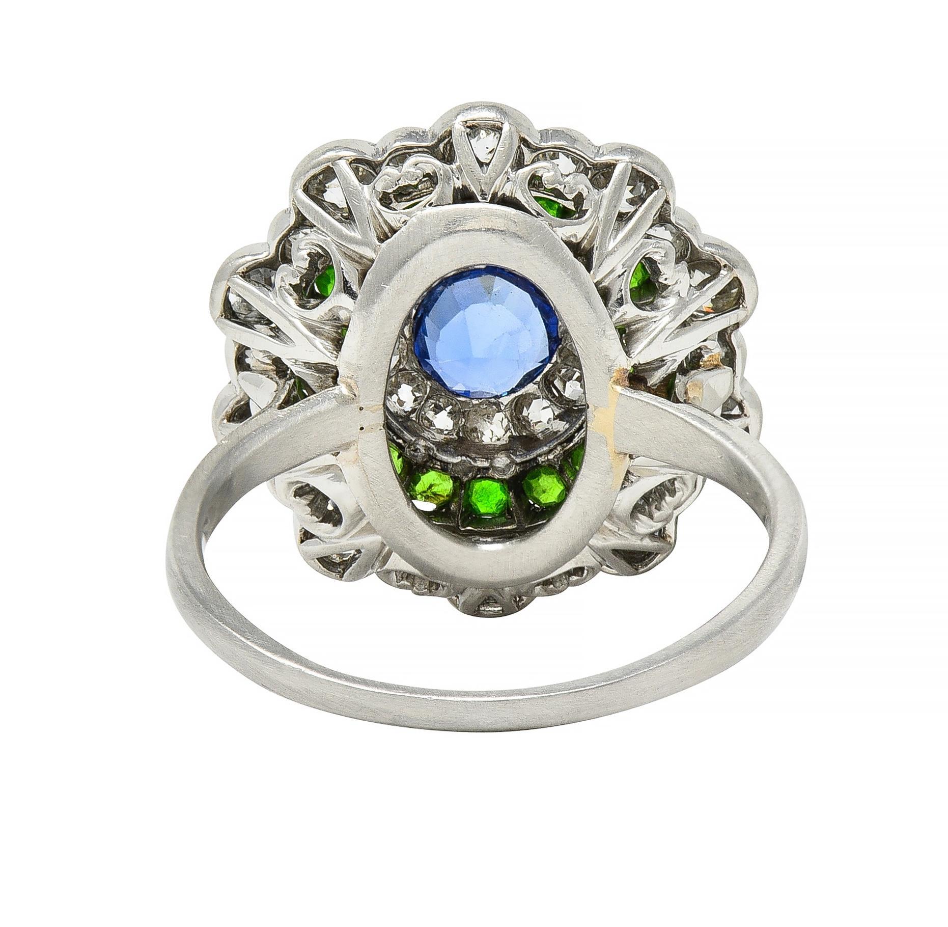 Women's or Men's Art Deco 2.15 CTW Sapphire Demantoid Garnet Diamond Platinum Triple Halo Ring