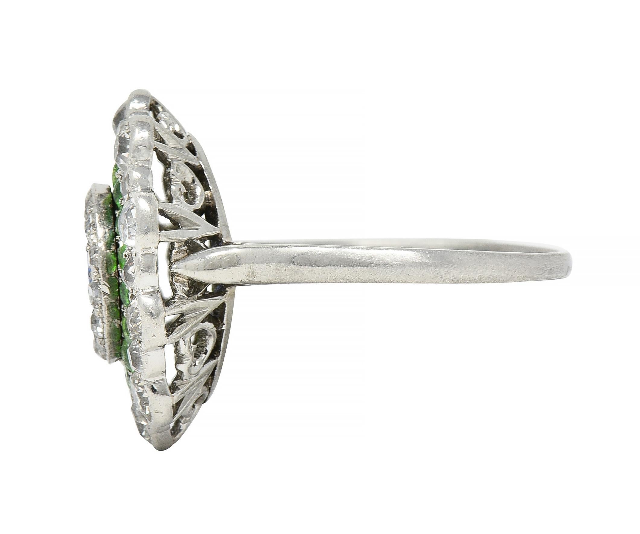 Art Deco 2.15 CTW Sapphire Demantoid Garnet Diamond Platinum Triple Halo Ring 1