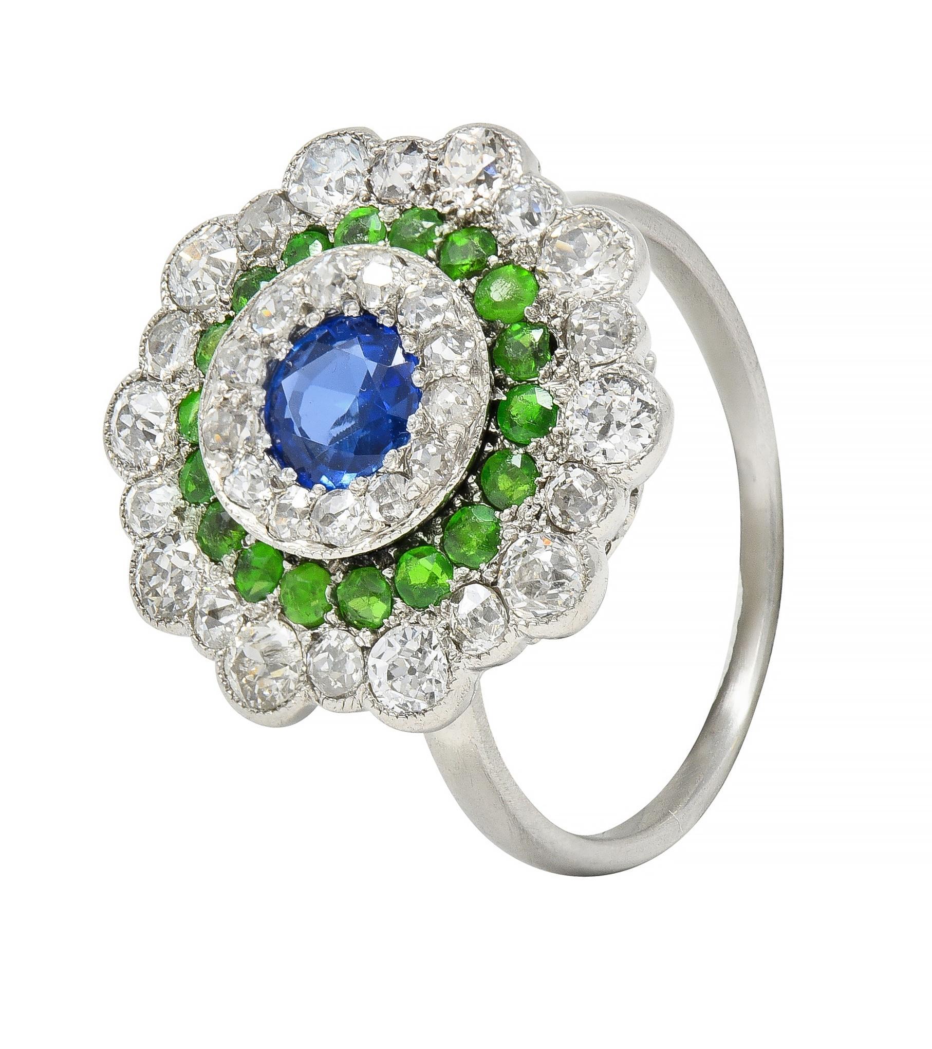 Art Deco 2.15 CTW Sapphire Demantoid Garnet Diamond Platinum Triple Halo Ring 3