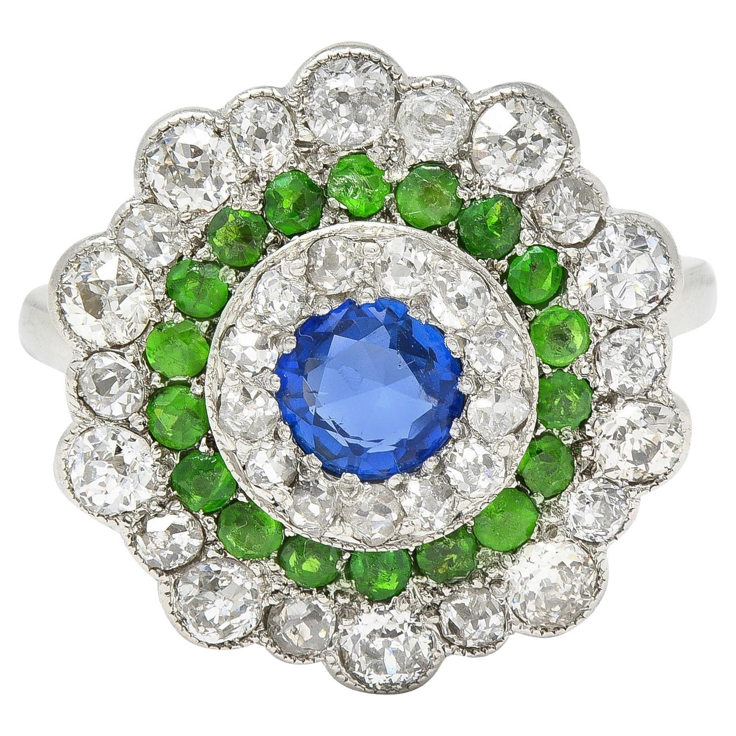 Art Deco 2.15 CTW Sapphire Demantoid Garnet Diamond Platinum Triple Halo Ring