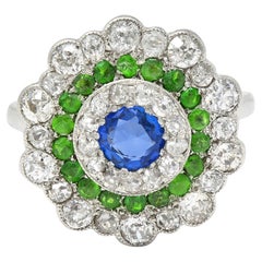 Art Deco 2.15 CTW Sapphire Demantoid Garnet Diamond Platinum Triple Halo Ring