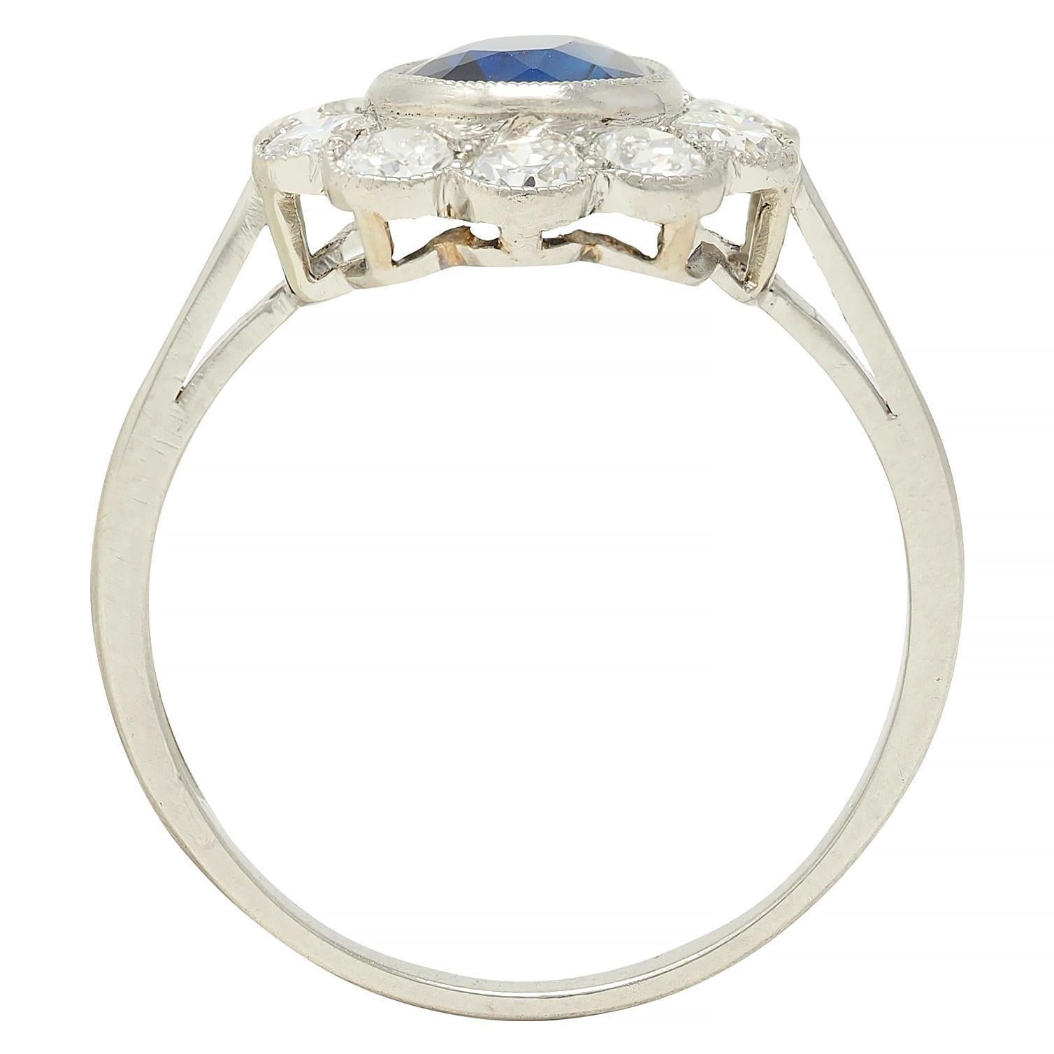 Art Deco 2.15 CTW Sapphire Diamond Platinum Vintage Halo Ring For Sale 5